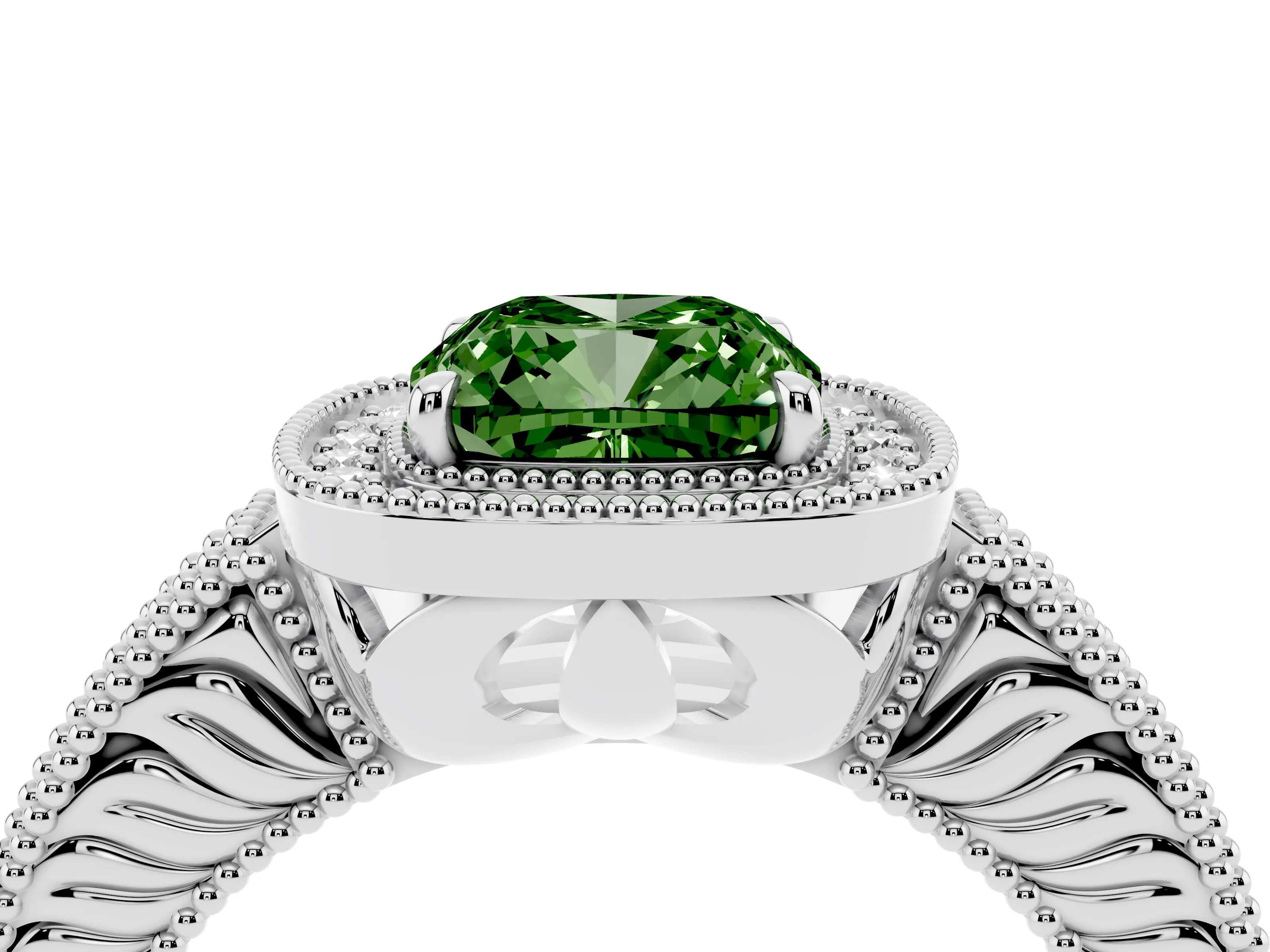 Fancy Green Cushion Cut Diamond Halo Ring Set in White gold with Round Accent Halo, Pavé Band and Prong Setting