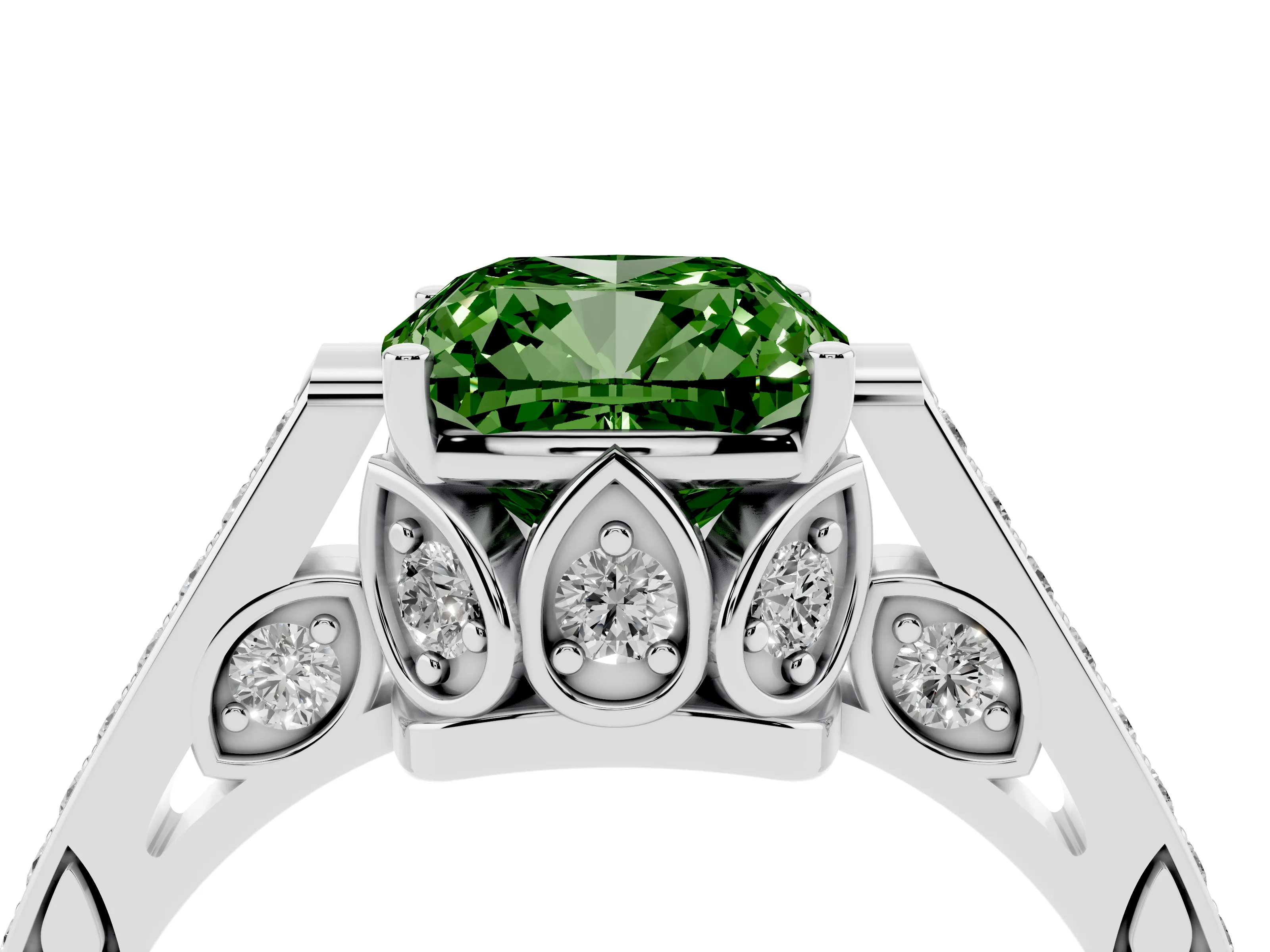 Fancy Green Cushion Cut Diamond Cathedral Pavé Engagement Ring Set in White gold with Prong Setting