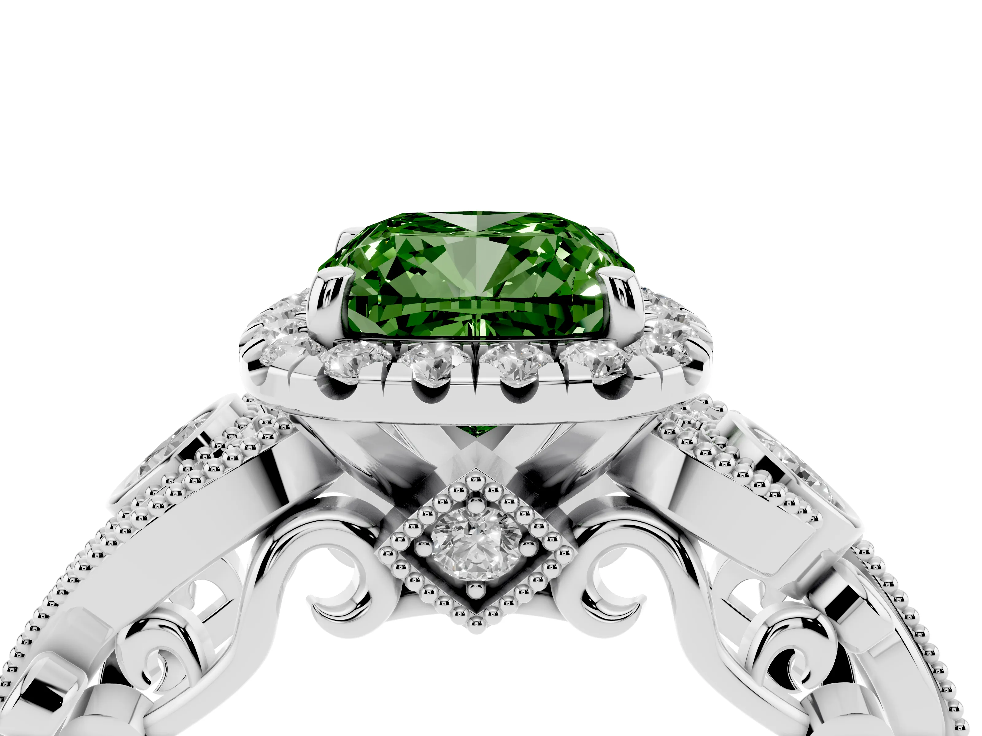 Fancy Green Cushion Cut Diamond Halo Ring Set in White gold with Milgrain Pavé Band and Prong Setting