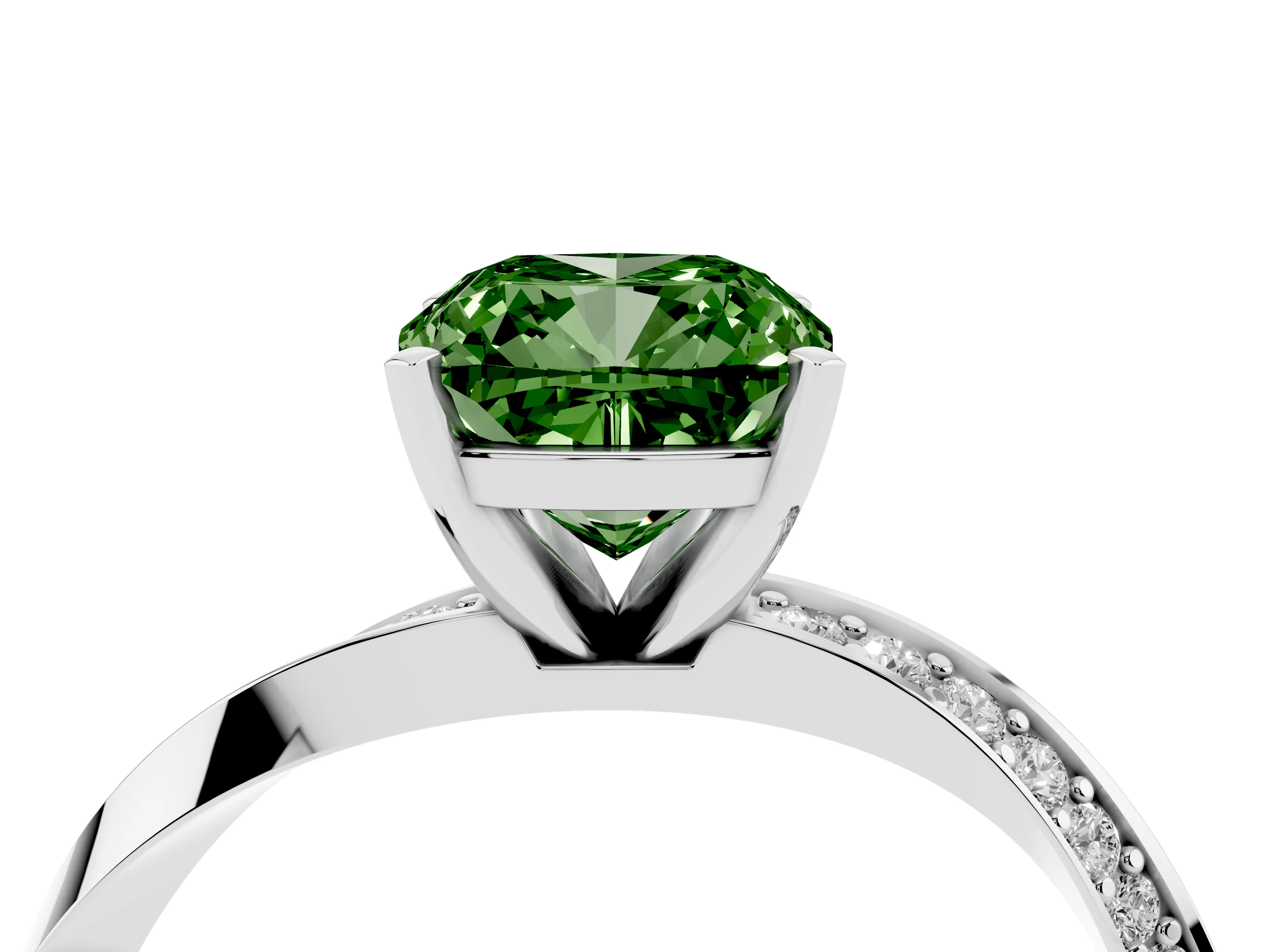 Fancy Green Cushion Cut Diamond Engagement Ring Set in Platinum with Side Stone Accents and Prong Setting