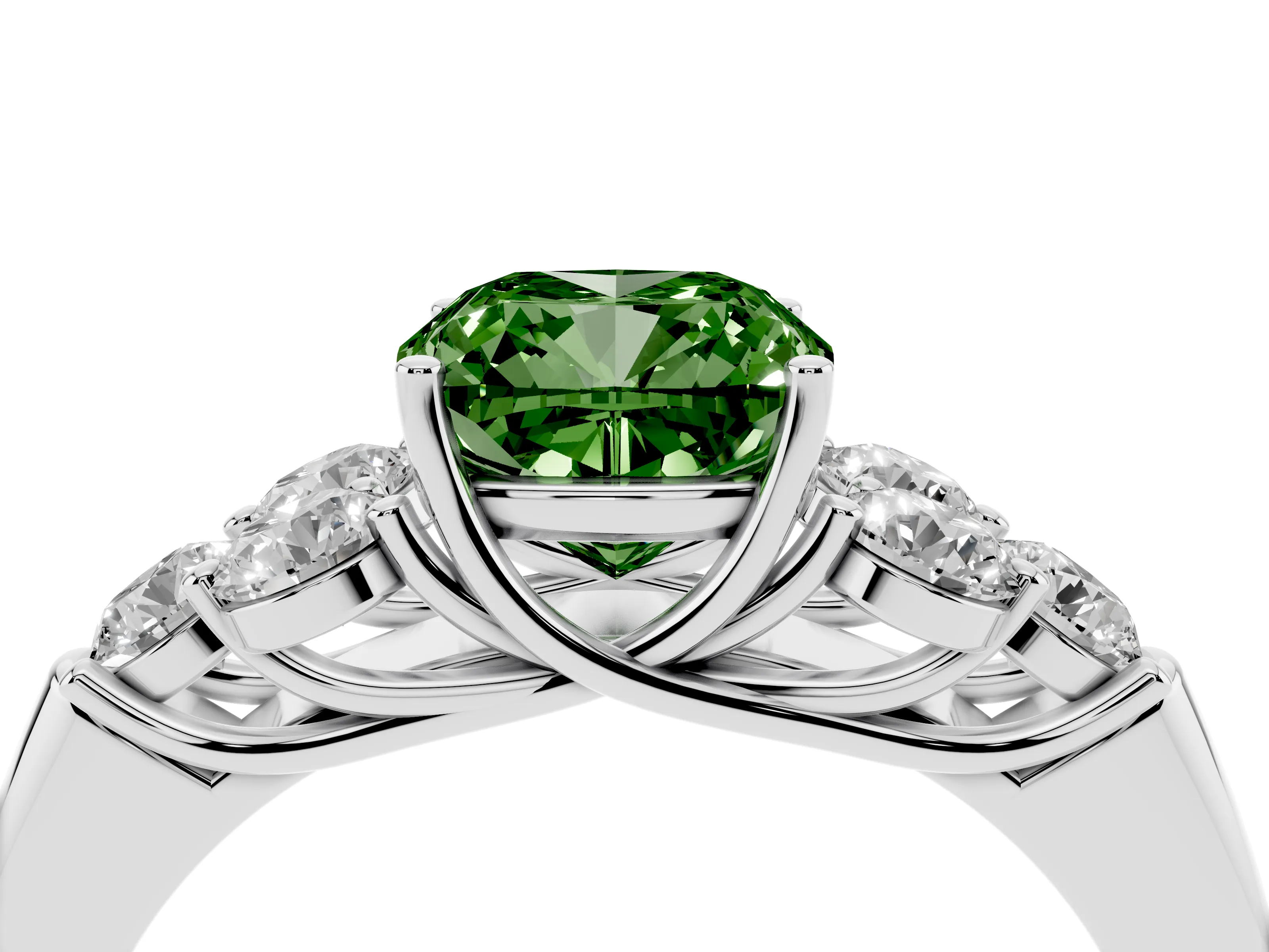 Fancy Green Cushion Cut Diamond Cluster Ring Set in White gold with Round Accent Stones and Prong Setting on a Plain Band