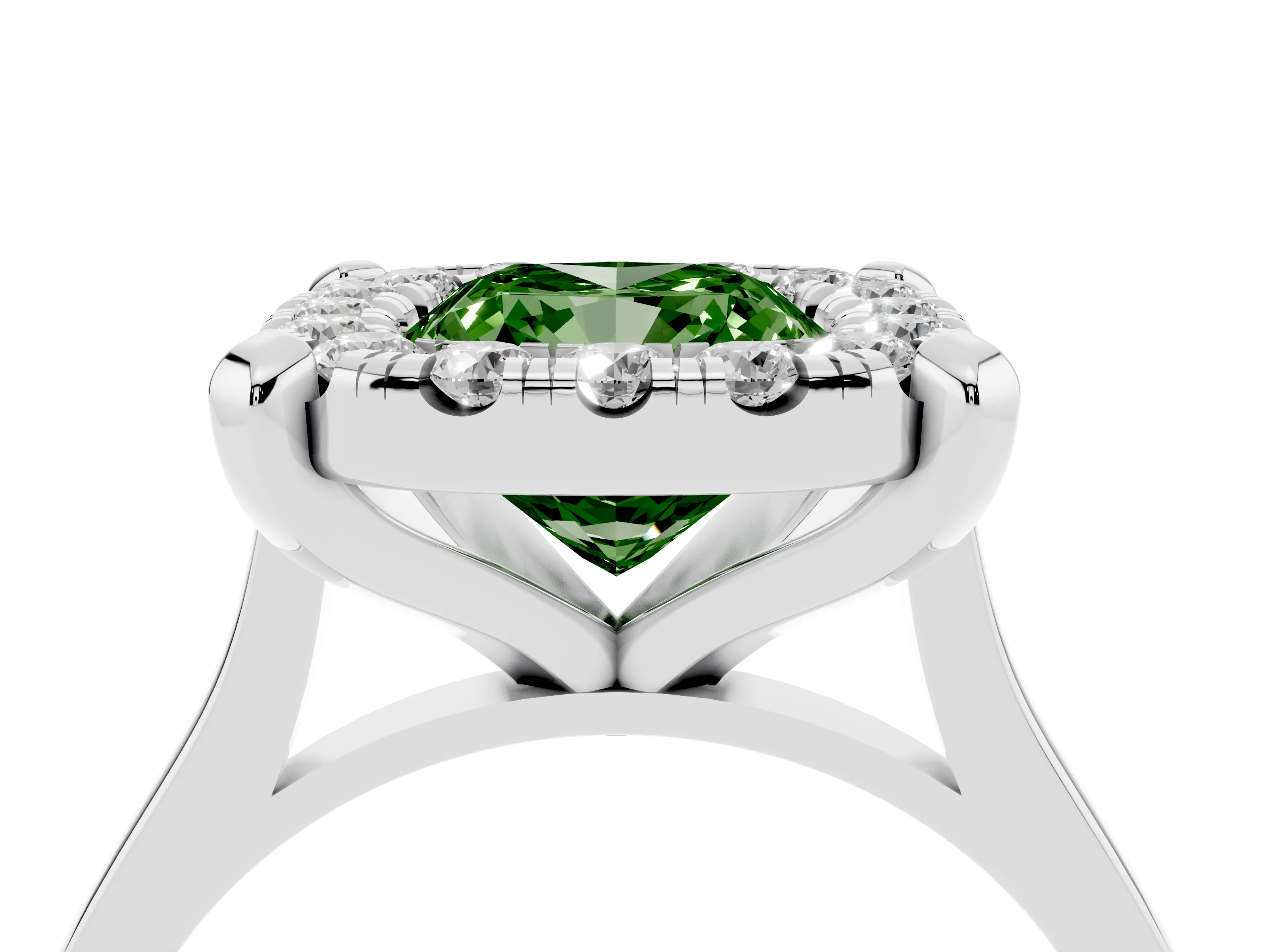 Fancy Green Cushion Cut Diamond Cluster Halo Solitaire Ring Set in Silver with Prong Setting