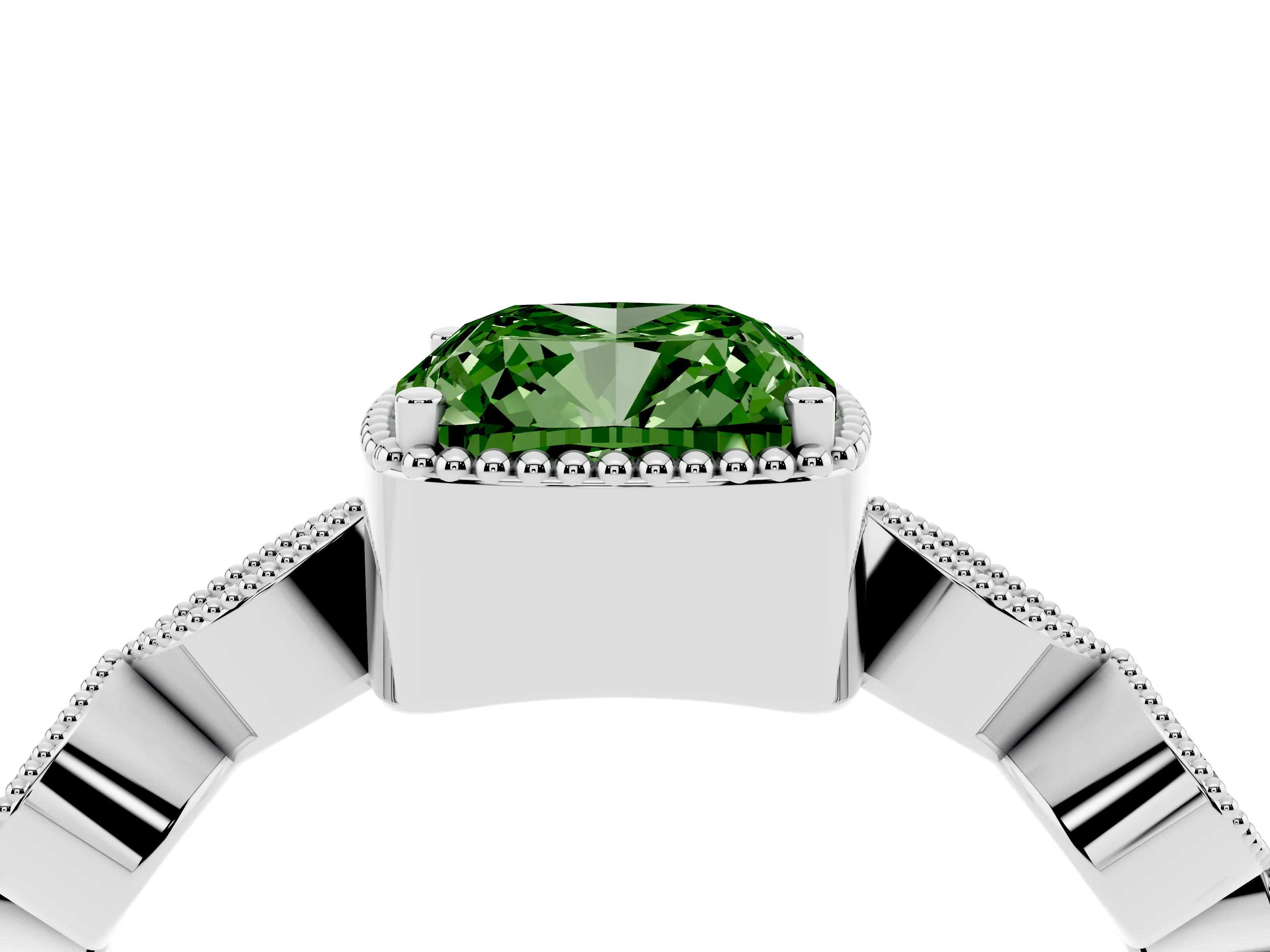 Fancy Green Cushion Cut Diamond Vintage-Inspired Milgrain Ring Set in White gold with Marquise Stations of Round Accents