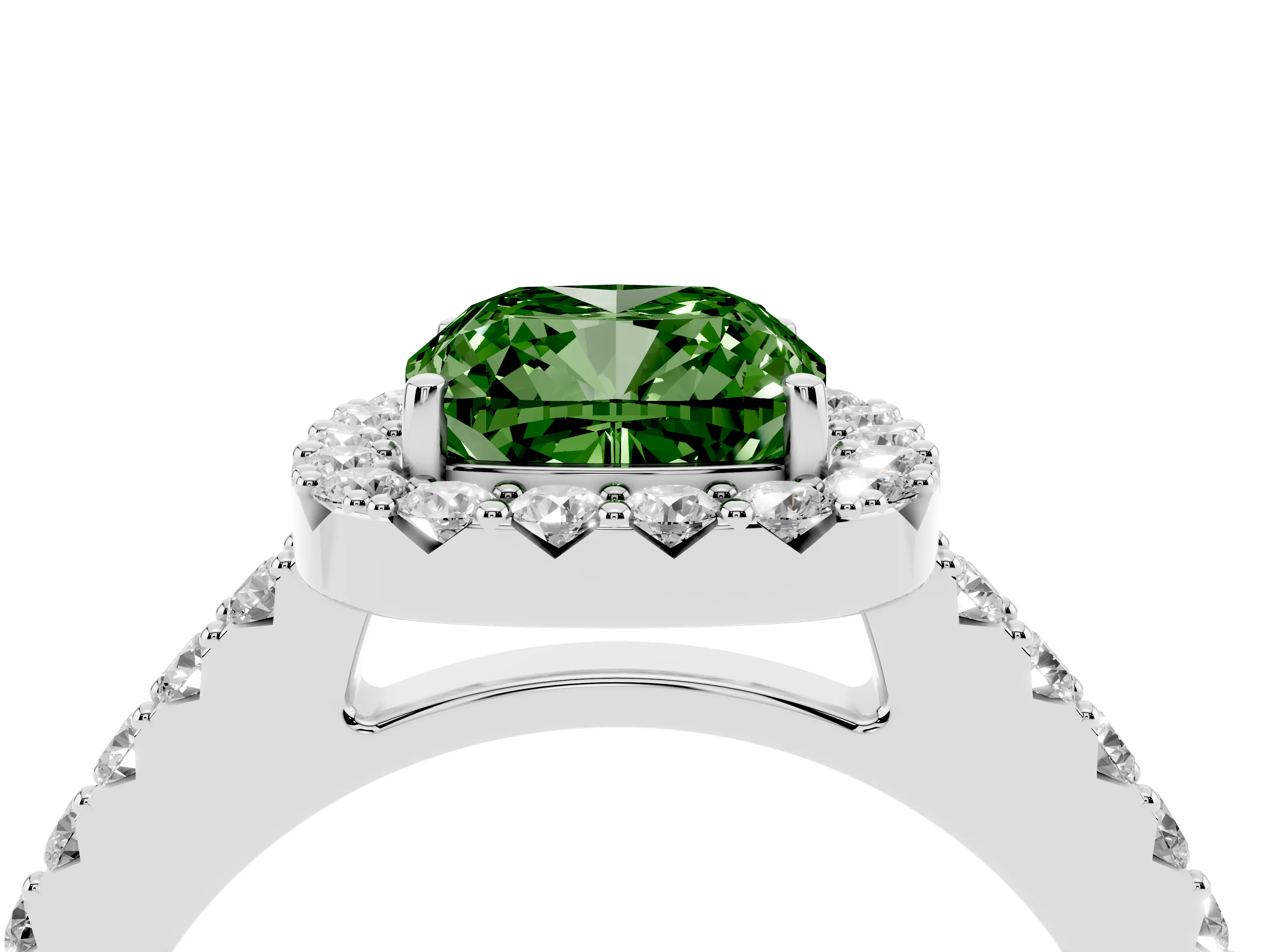 Fancy Green Cushion Cut Diamond Halo Pavé Solitaire Ring Set in Silver with Prong-Set Center Stone