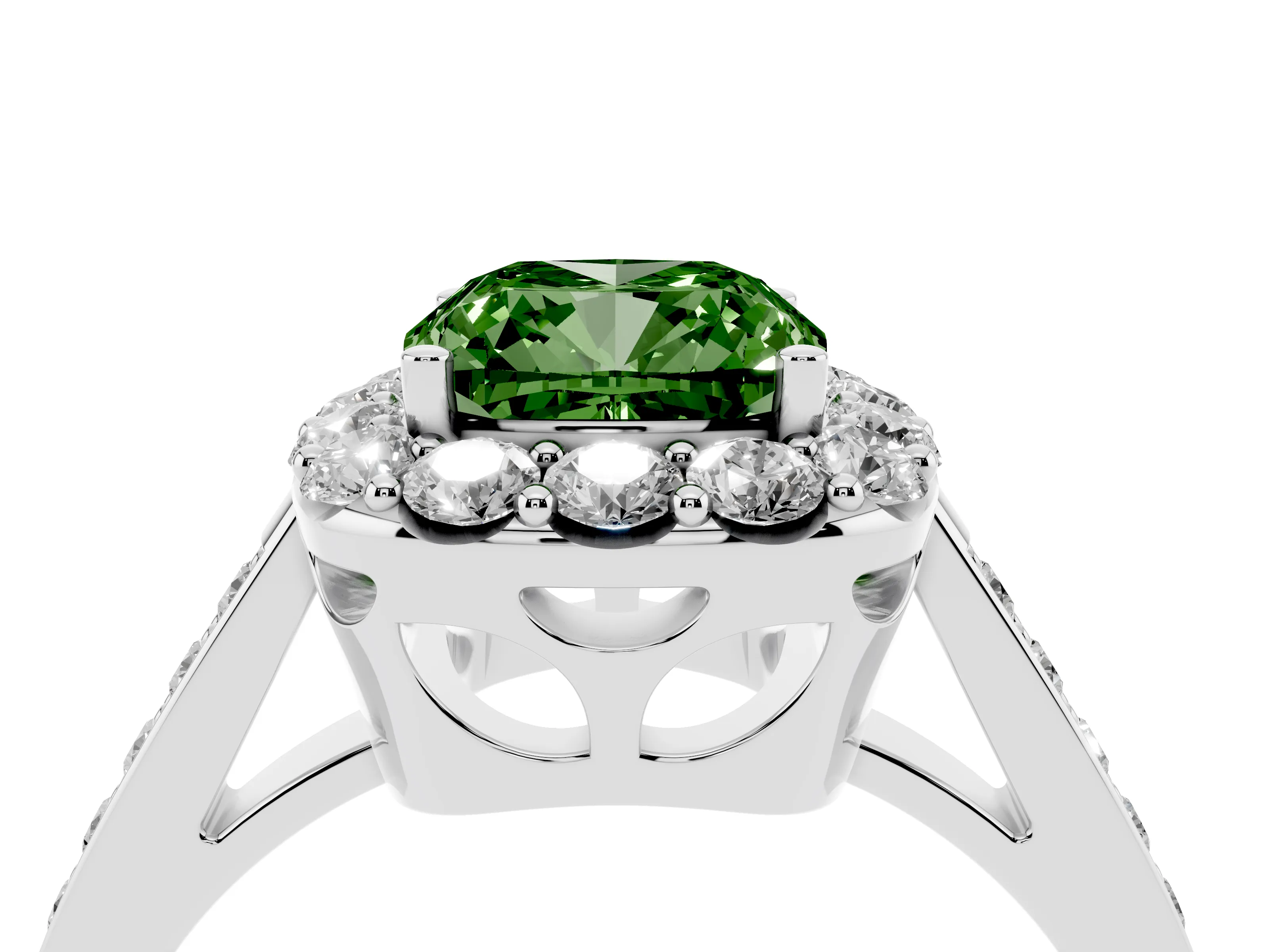 Fancy Green Cushion Cut Diamond Floral Halo Ring Set in Silver with Pavé Band and Prong Setting