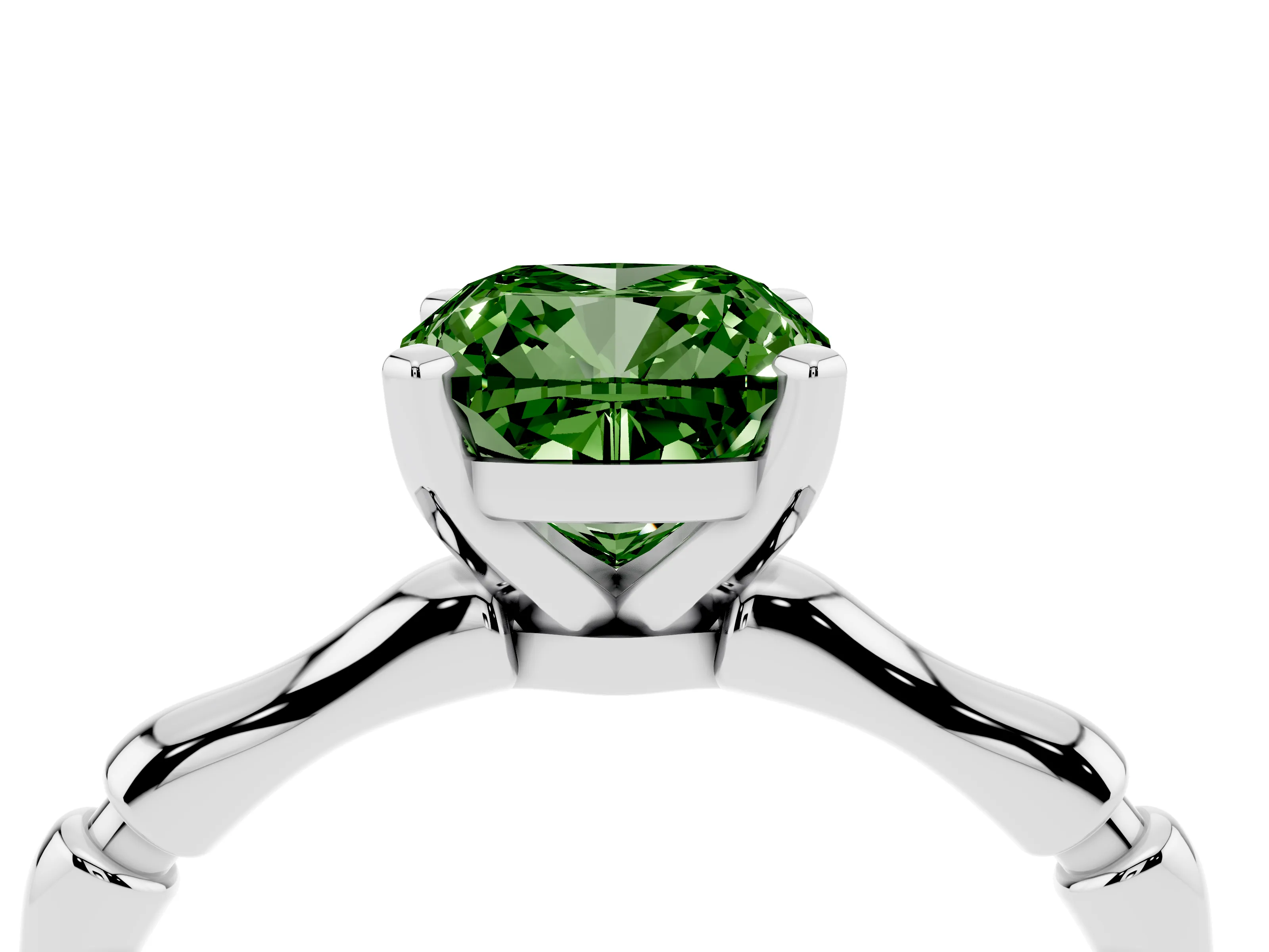Fancy Green Cushion Cut Diamond Solitaire Ring Set in Silver with Bamboo Band and Prong Setting