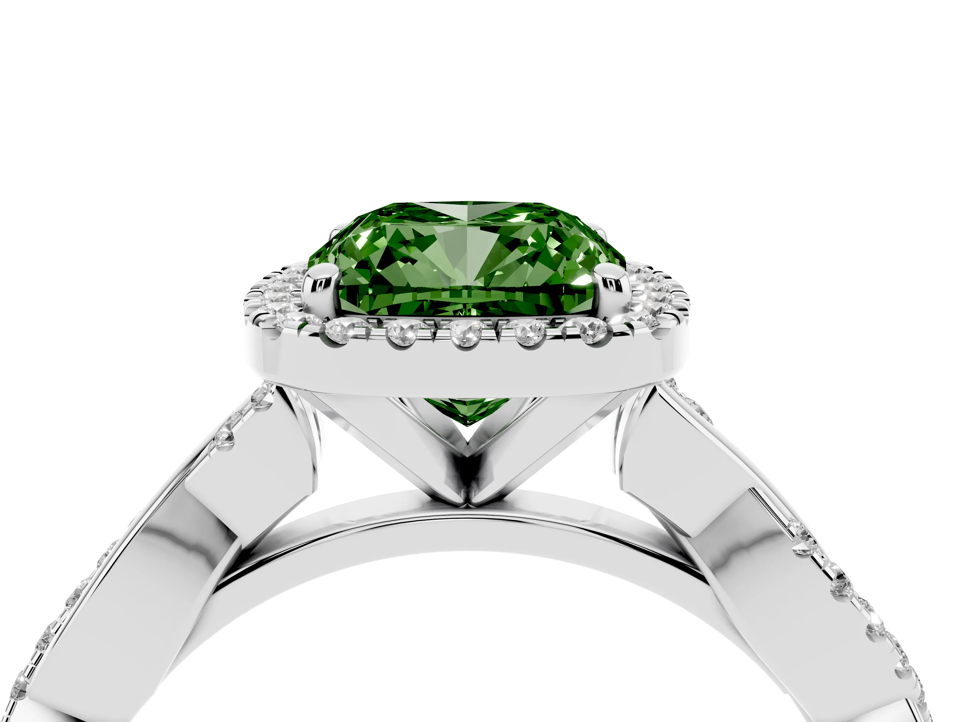 Fancy Green Cushion Cut Diamond Halo Twisted Band Ring Set in Platinum with Prong Setting