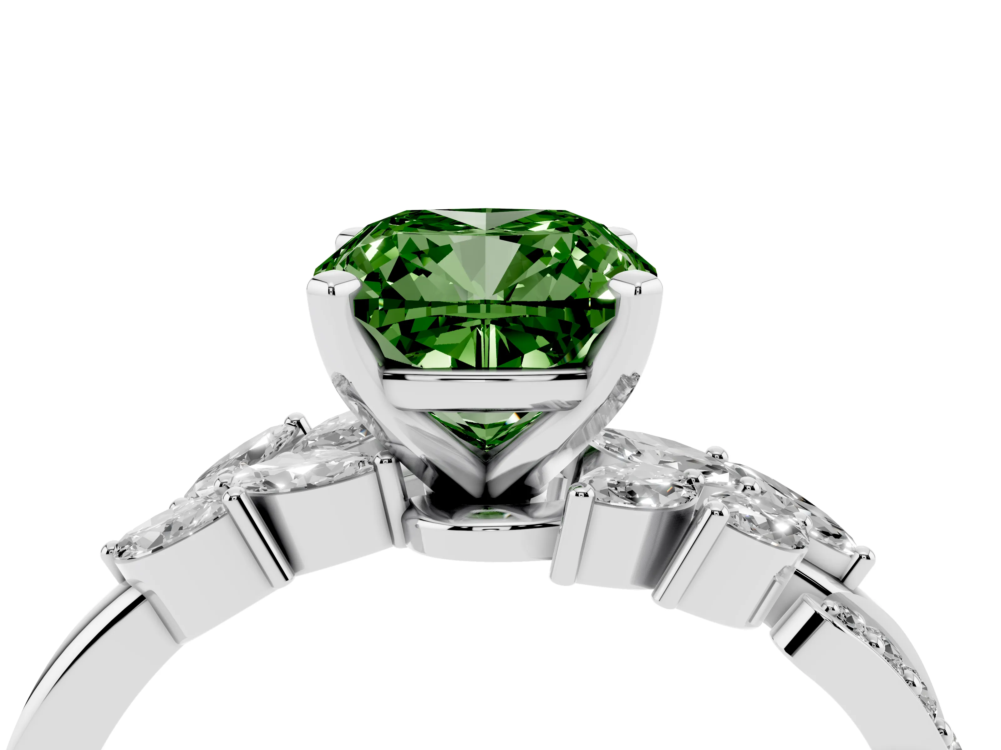Fancy Green Cushion Cut Diamond Solitaire Ring Set in White gold with Marquise Twist Band and Prong Setting