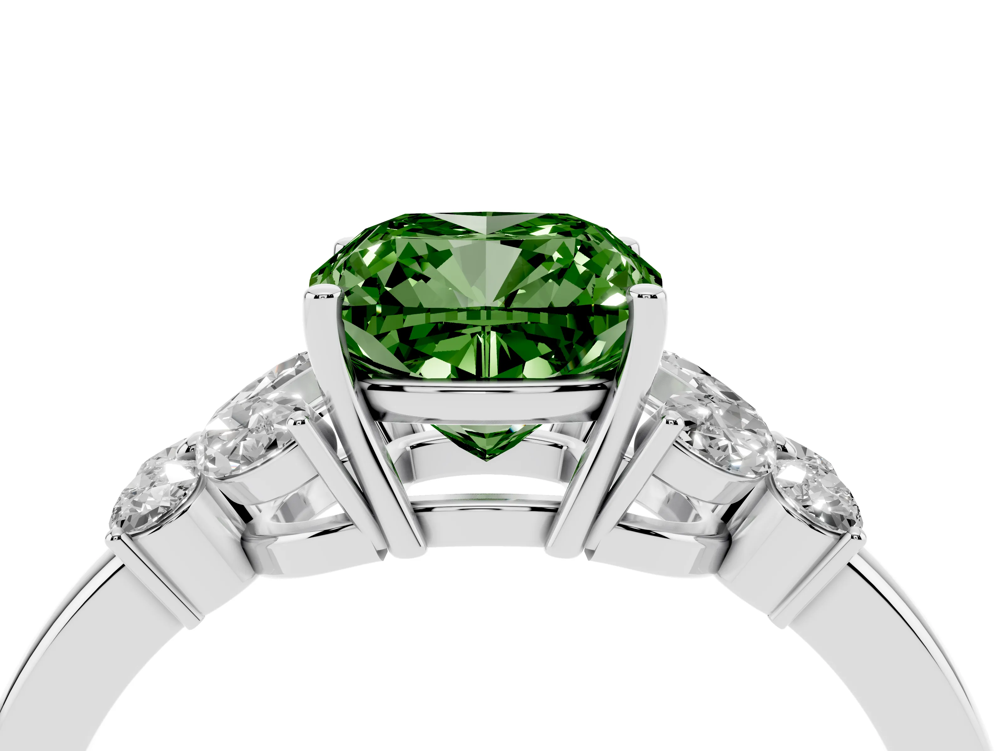 Fancy Green Cushion Cut Diamond Solitaire Floral Ring Set in Platinum with Marquise Petals and Prong Setting