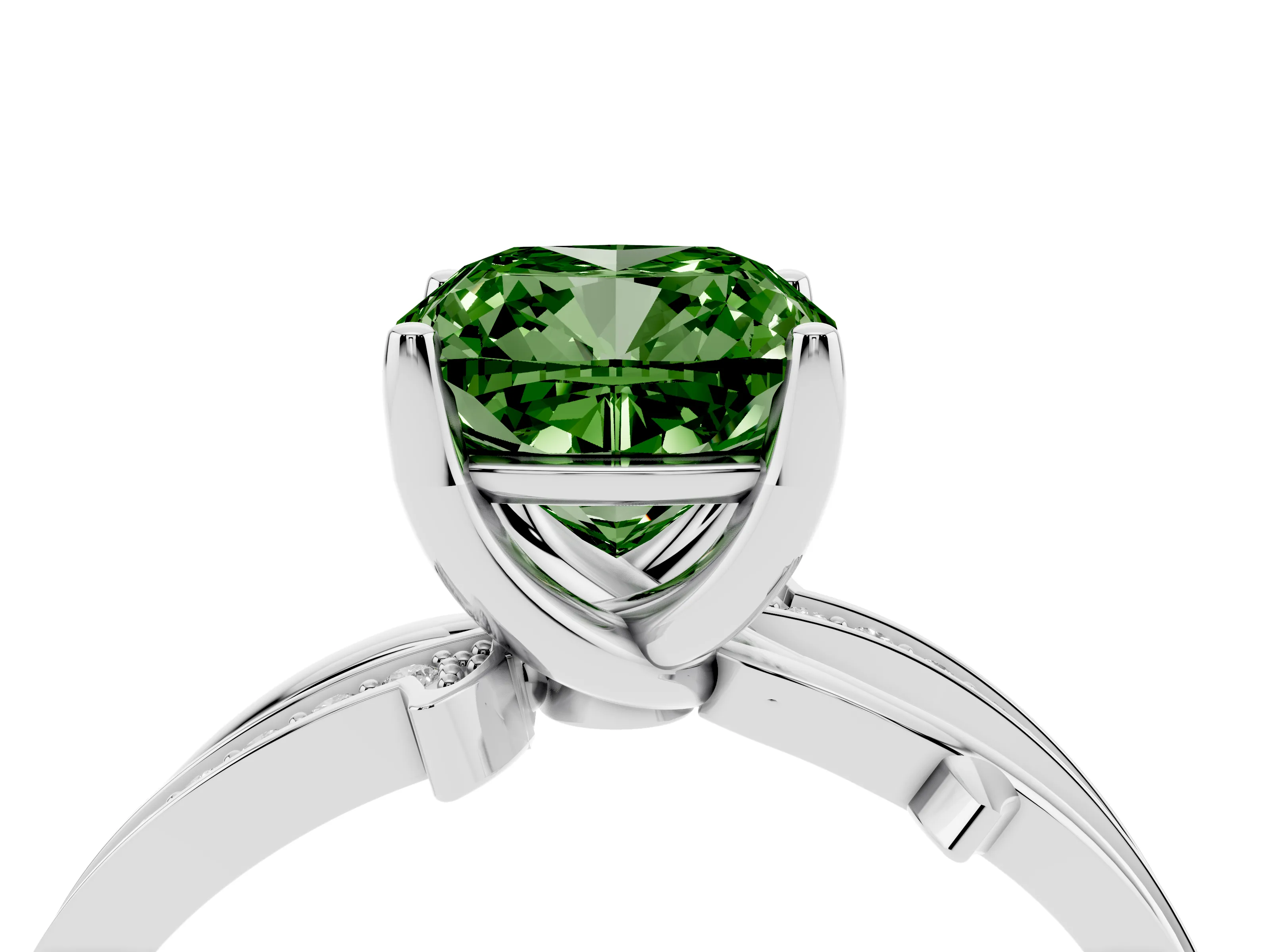 Fancy Green Cushion Cut Diamond Pavé Twist Band Solitaire Ring Set in Silver with Prong Setting