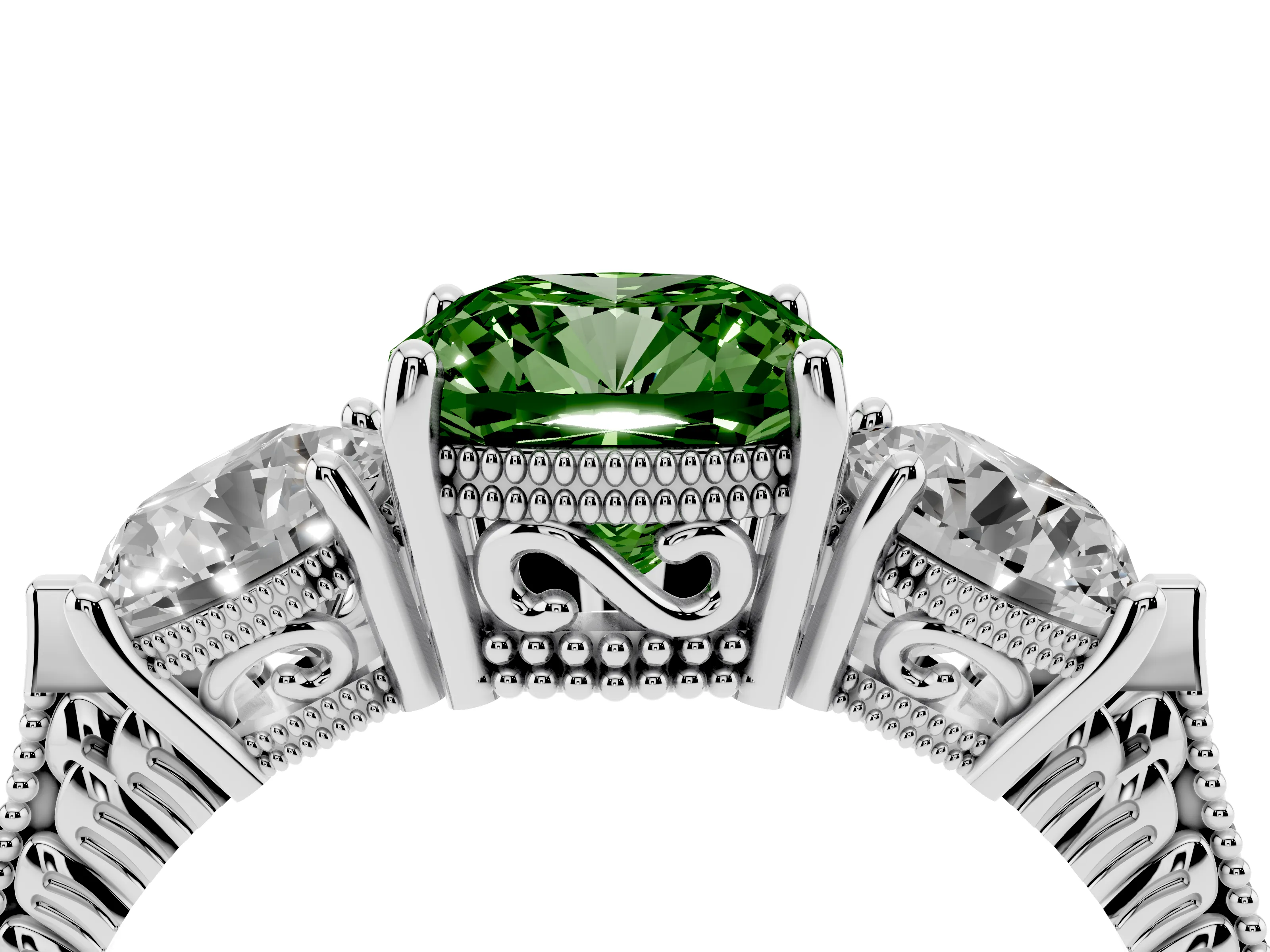 Fancy Green Cushion Cut Diamond Three-Stone Ring Set in White gold with Milgrain Band