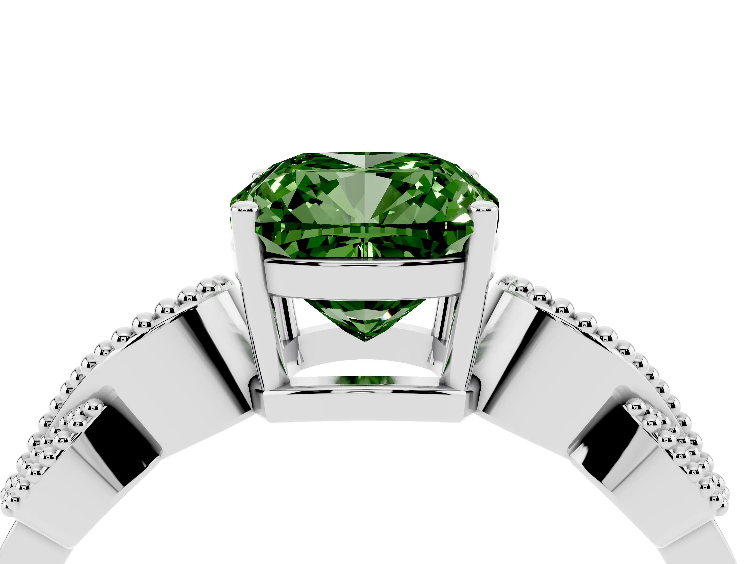 Fancy Green Cushion Cut Diamond Milgrain Leaf Band Solitaire Ring Set in White gold with Accent Stones and Prong Setting