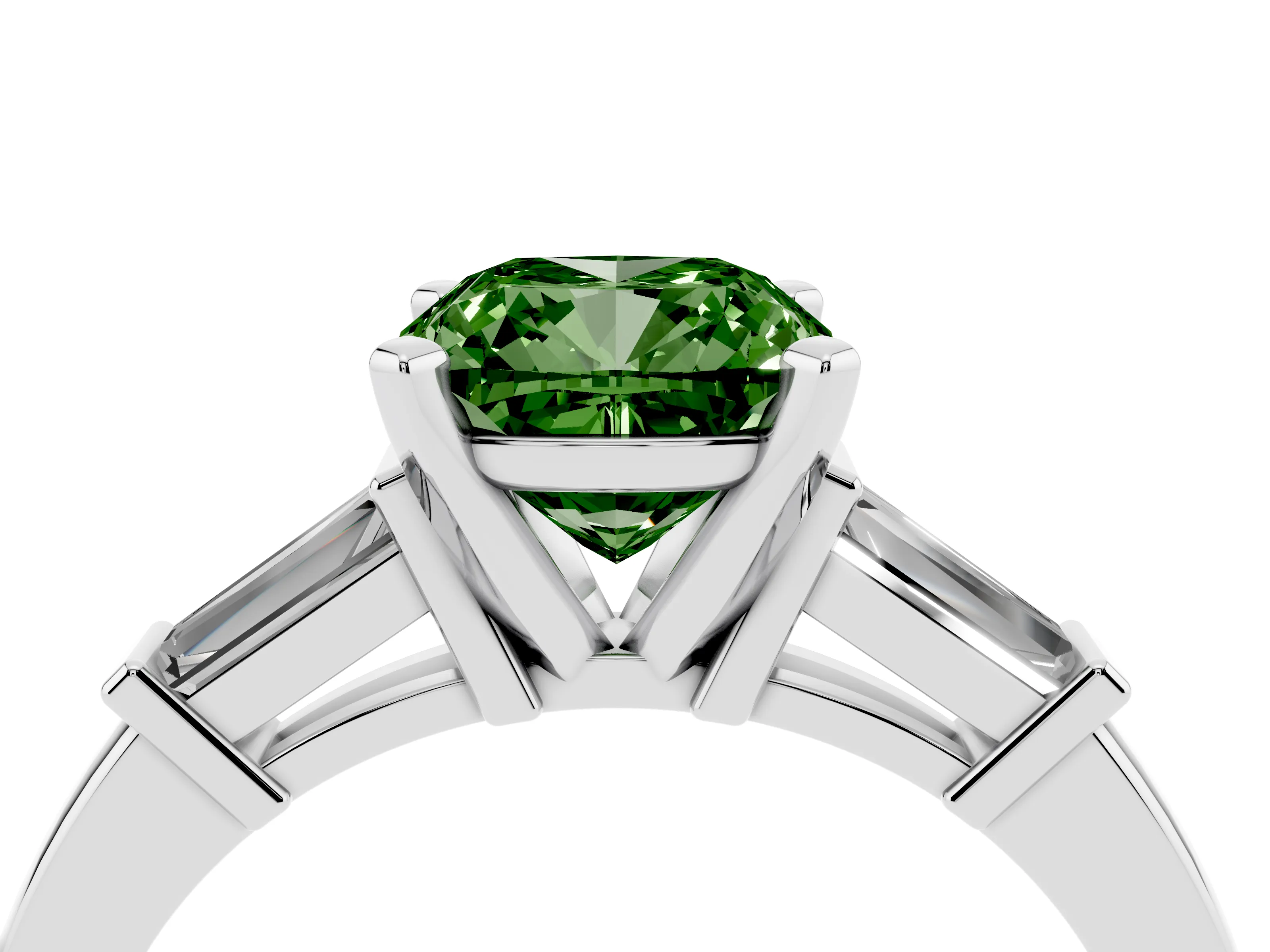 Fancy Green Cushion Cut Diamond Solitaire Ring Set in White gold with Tapered Baguette Accents and Prong Setting