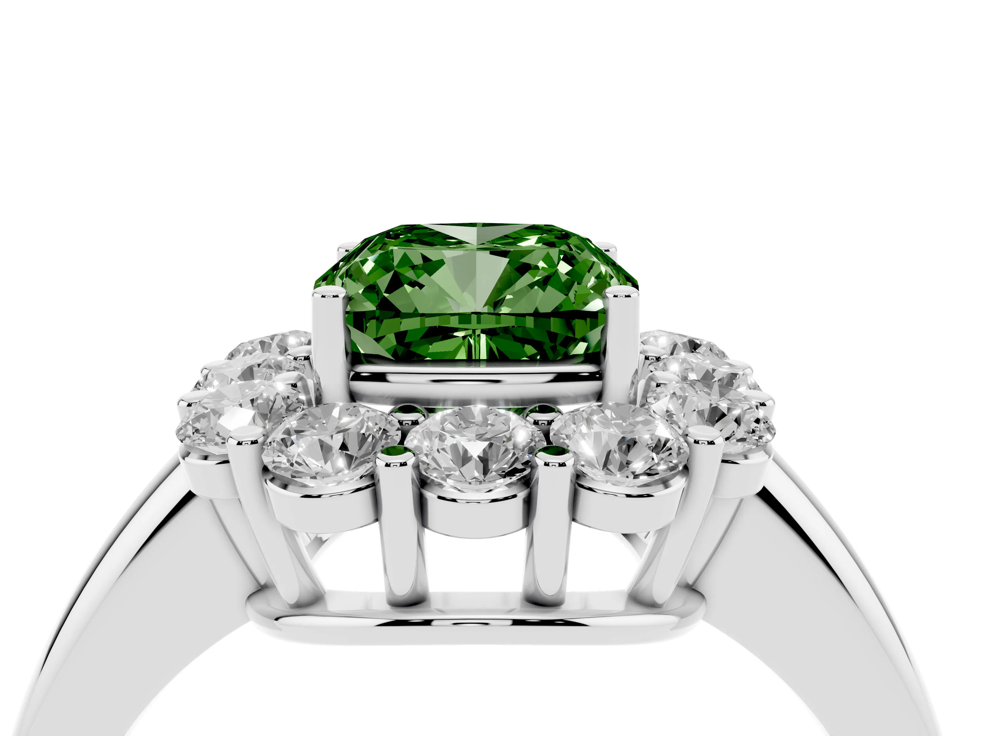 Fancy Green Cushion Cut Diamond Halo Cluster Engagement Ring Set in Platinum with Polished Band and Prong Setting