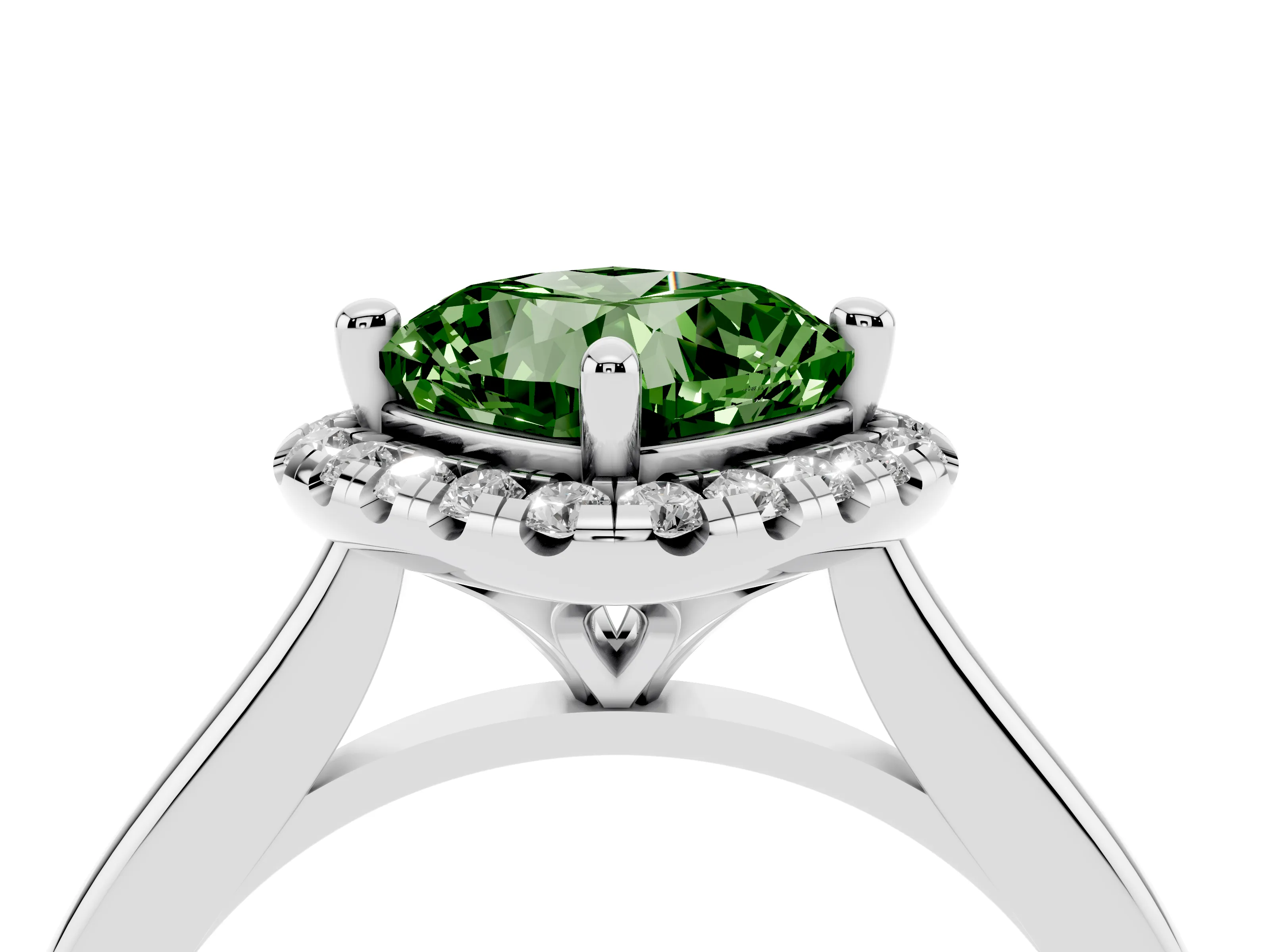 Fancy Green Cushion Cut Diamond Halo Engagement Ring Set in White gold with Pavé Band and Rising Shoulders