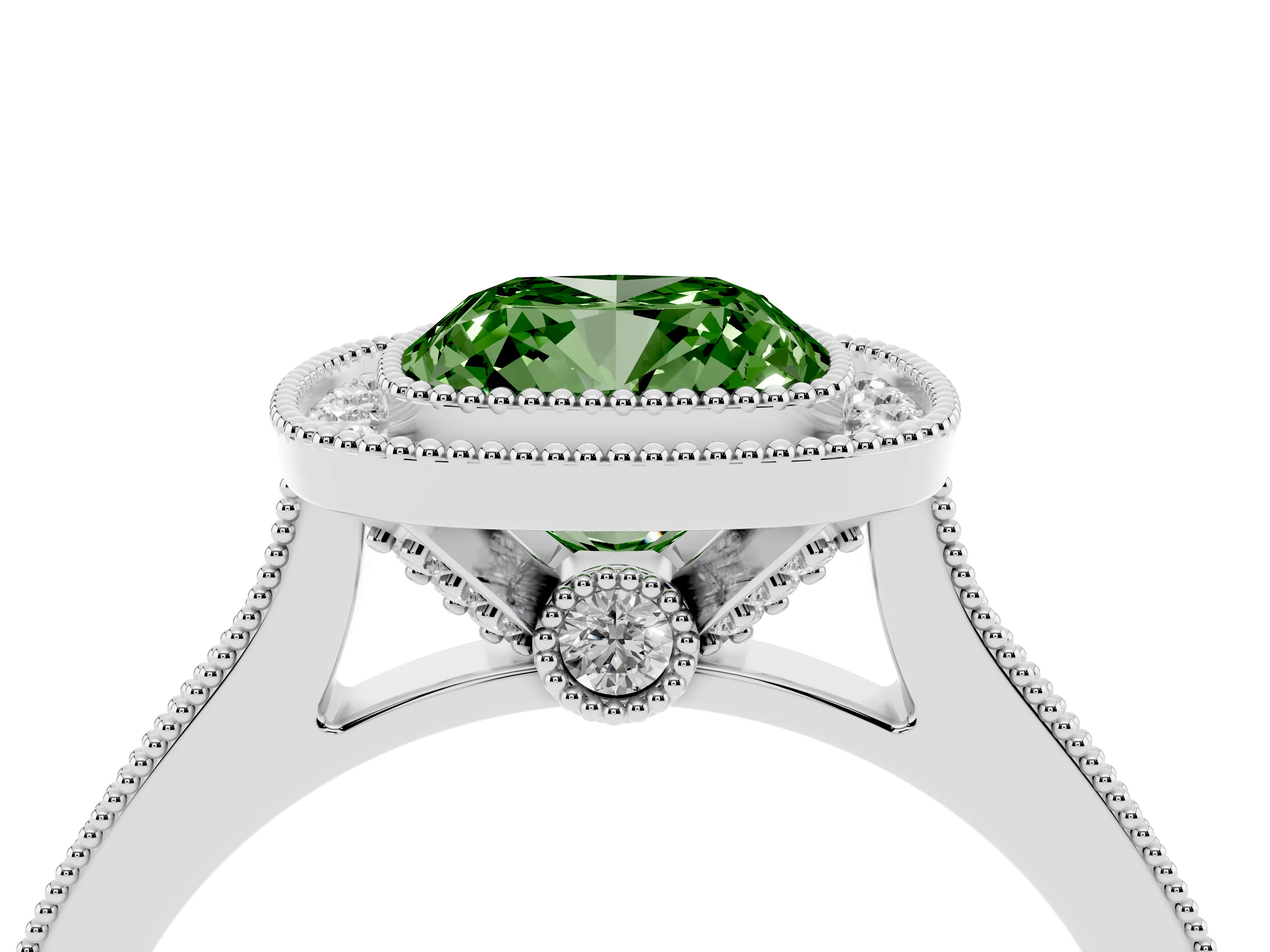 Fancy Green Cushion Cut Diamond Halo Milgrain Pavé Band Ring Set in Platinum with Prong Setting