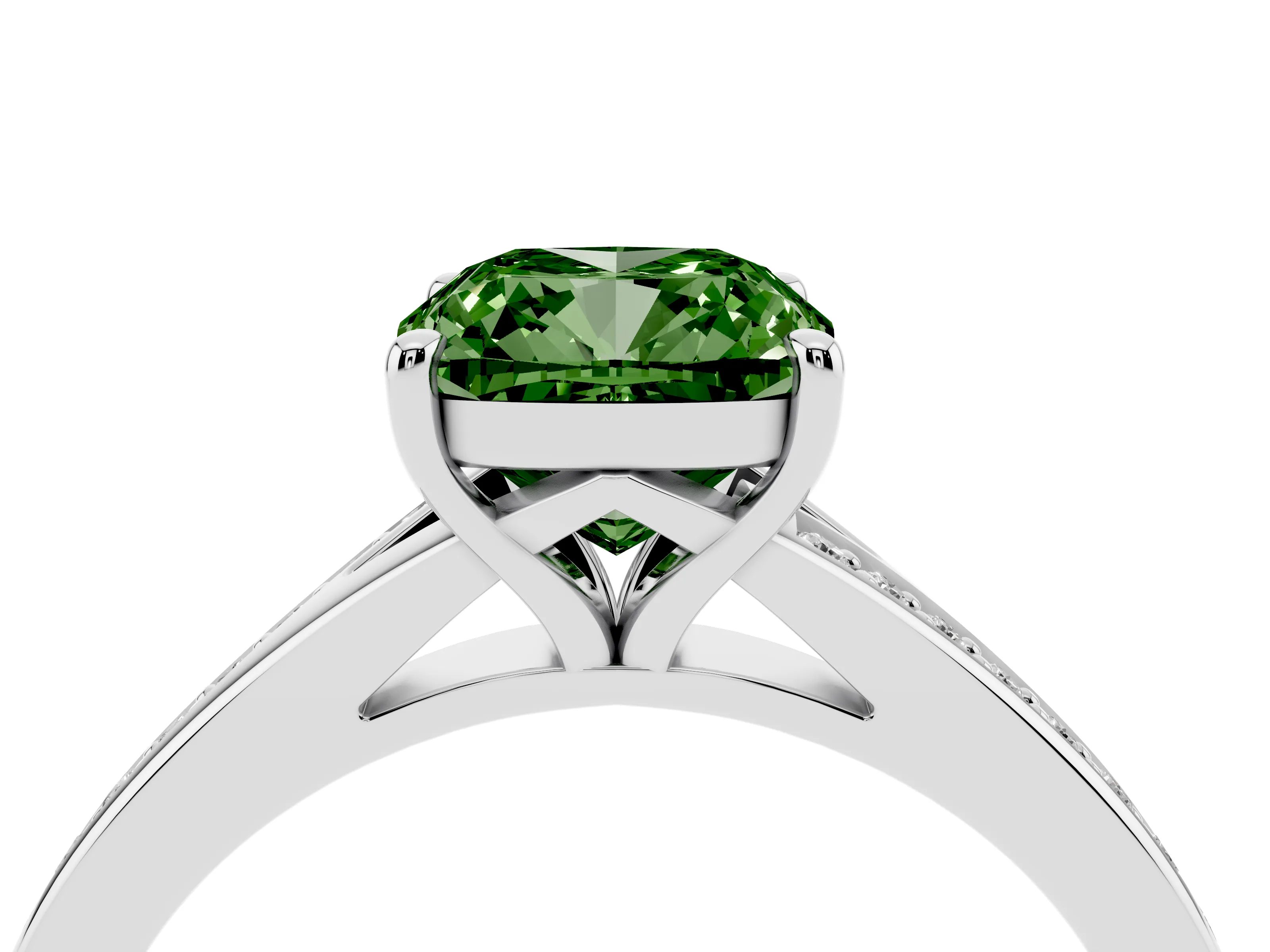 Fancy Green Cushion Cut Diamond Solitaire Ring Set in Silver with Pavé Accent Band and Classic Prong Setting