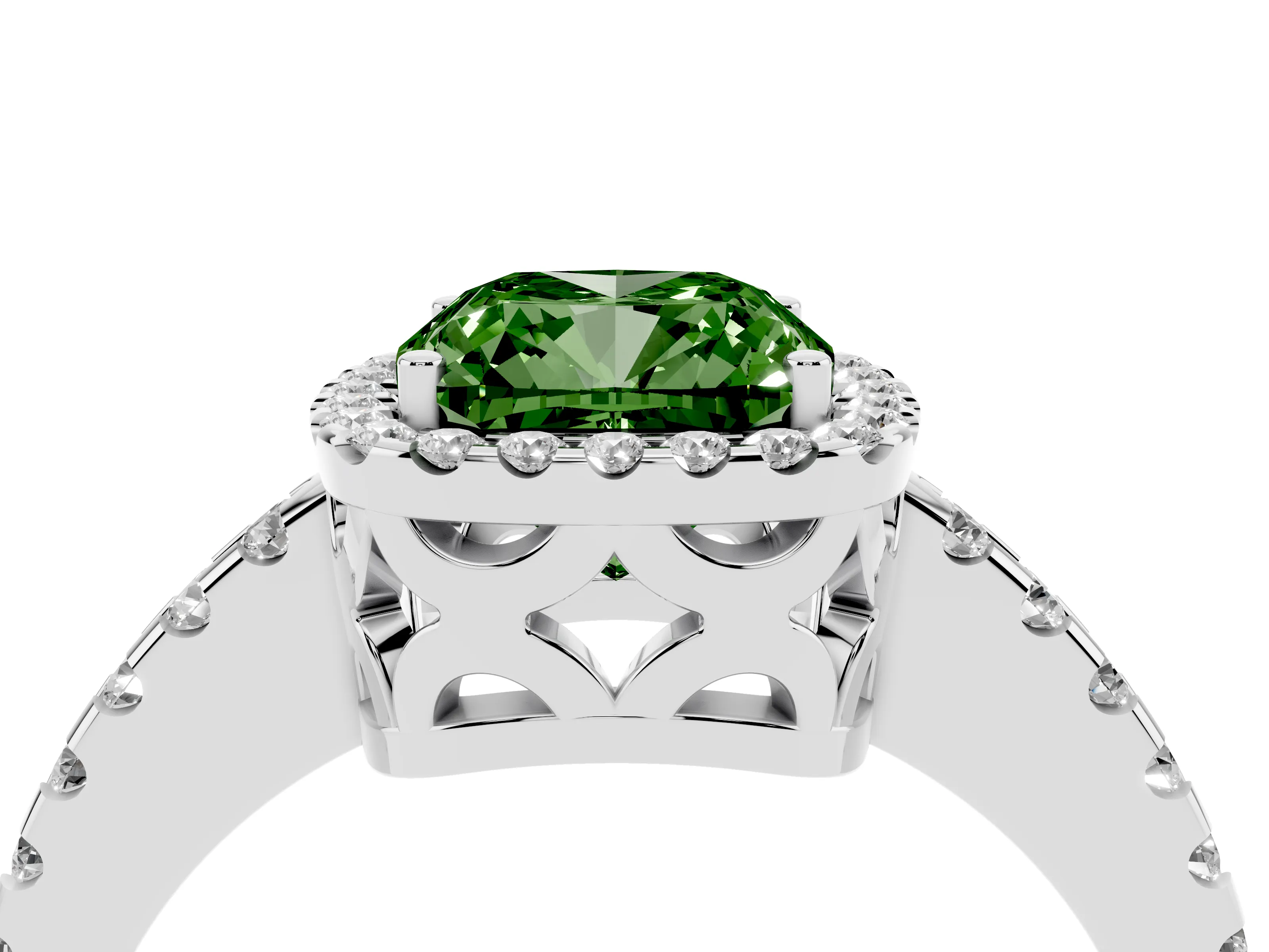 Fancy Green Cushion Cut Diamond Halo Ring Set in Silver with Pavé Shoulders and Halo-Framed Center