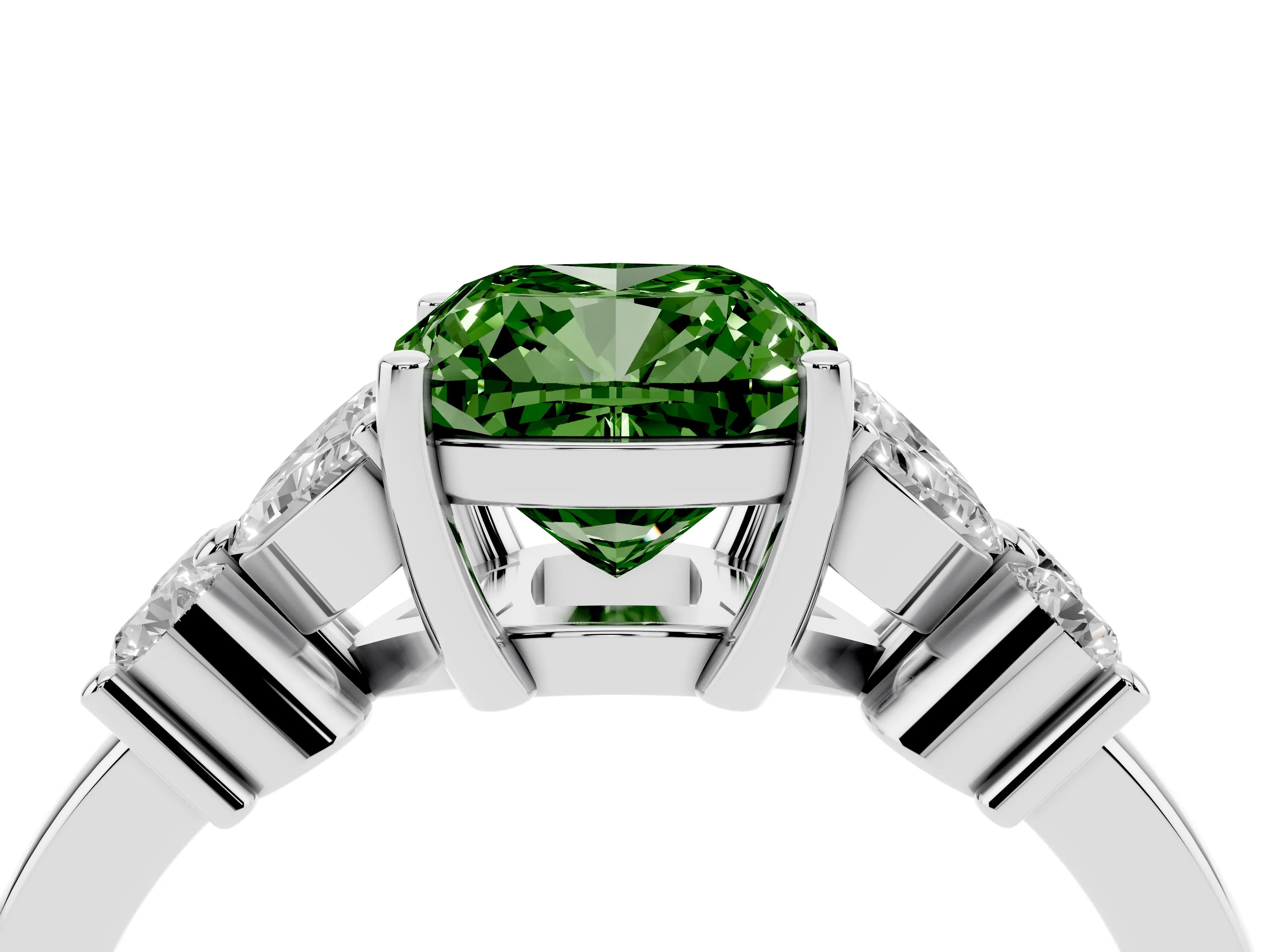 Fancy Green Cushion Cut Diamond Floral Cluster Ring Set in White gold with Marquise Petals and Prong Setting