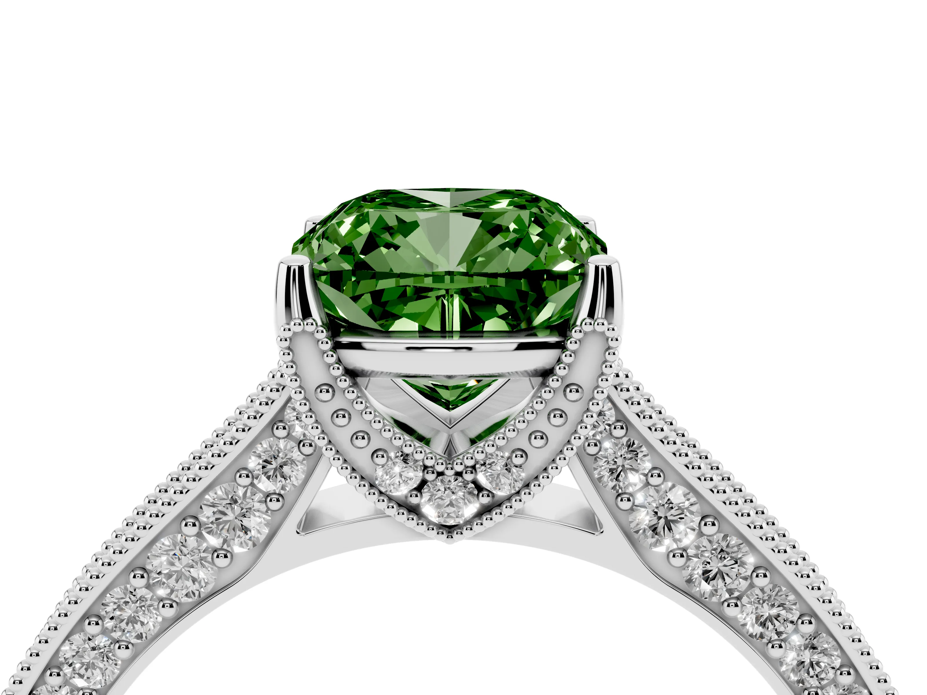Fancy Green Cushion Cut Diamond Solitaire Ring Set in Silver with Milgrain-Edged Pavé Band and Prong Setting