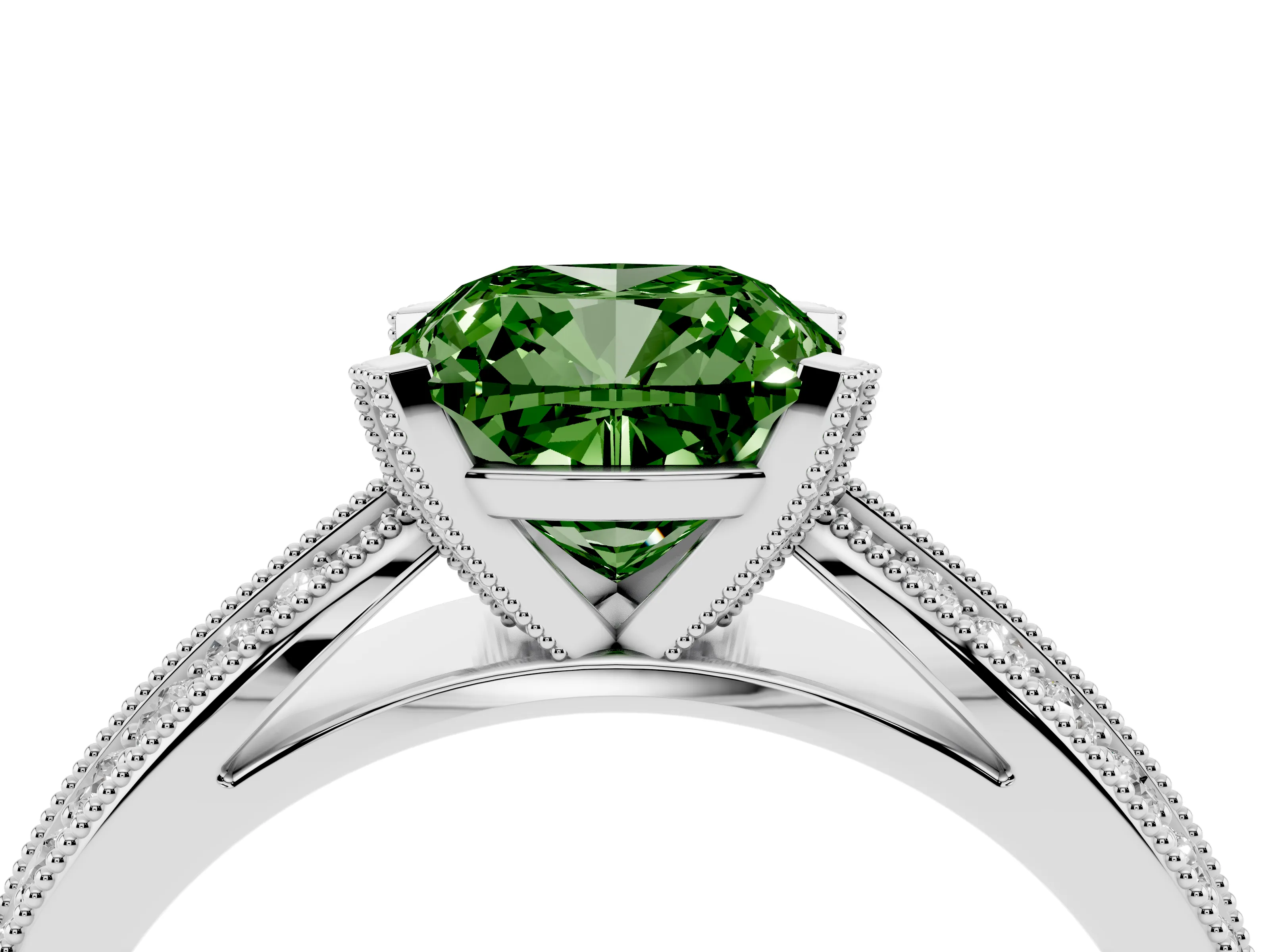 Fancy Green Cushion Cut Diamond Solitaire Ring Set in Silver with Milgrain Double Row Round Pavé Band