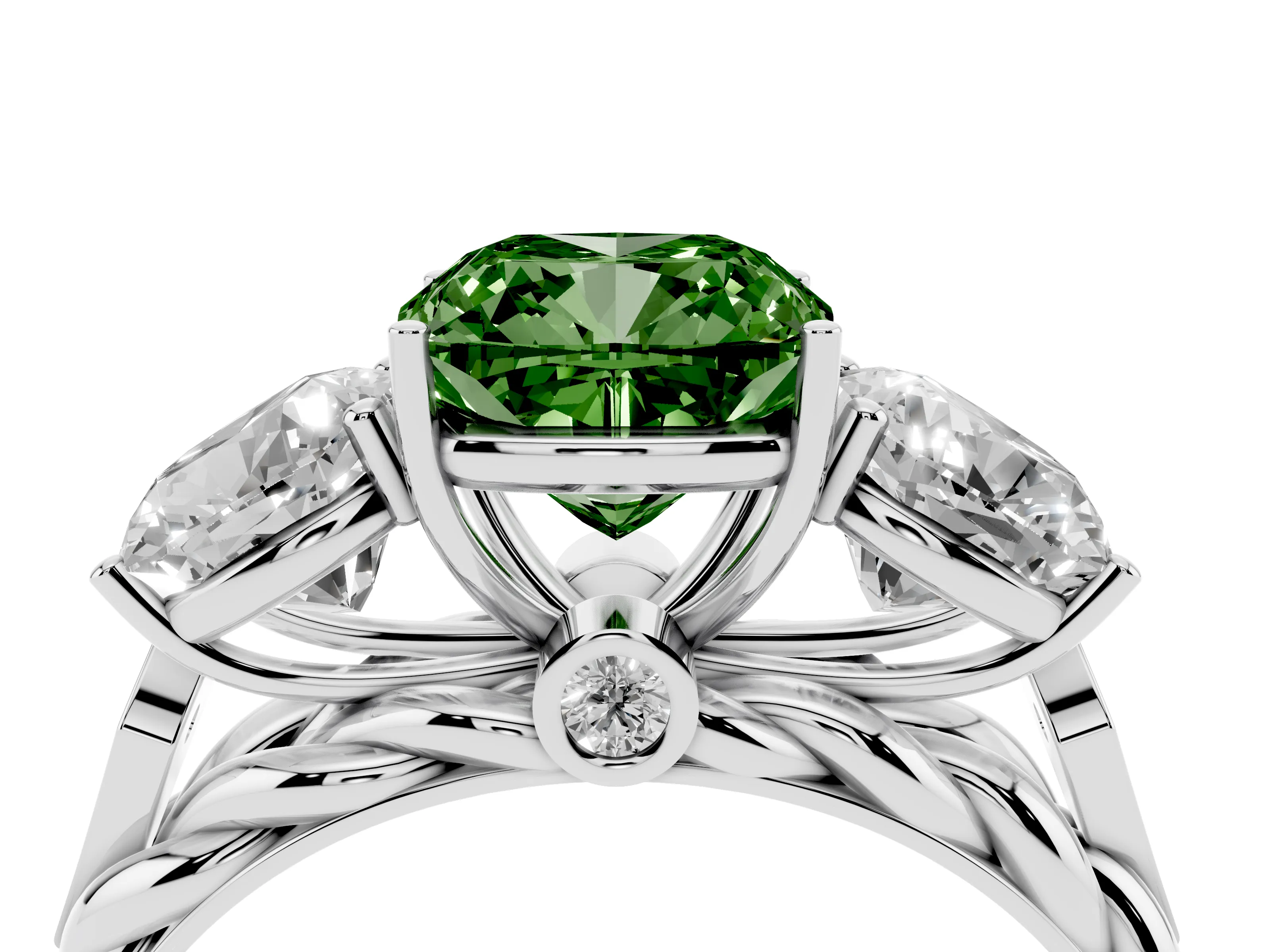 Fancy Green Cushion Cut Diamond Three-Stone Ring Set in White gold with Braided Band