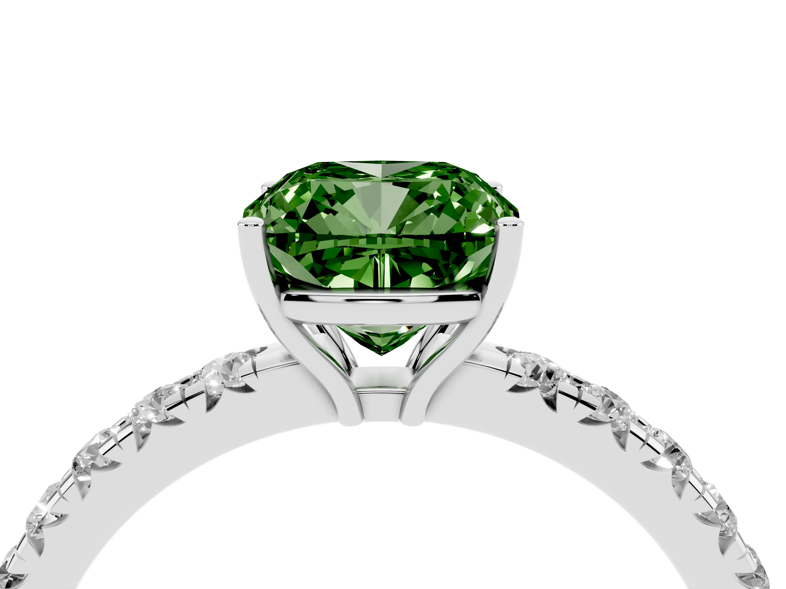 Fancy Green Cushion Cut Diamond Pavé Solitaire Engagement Ring Set in Platinum with Prong Setting