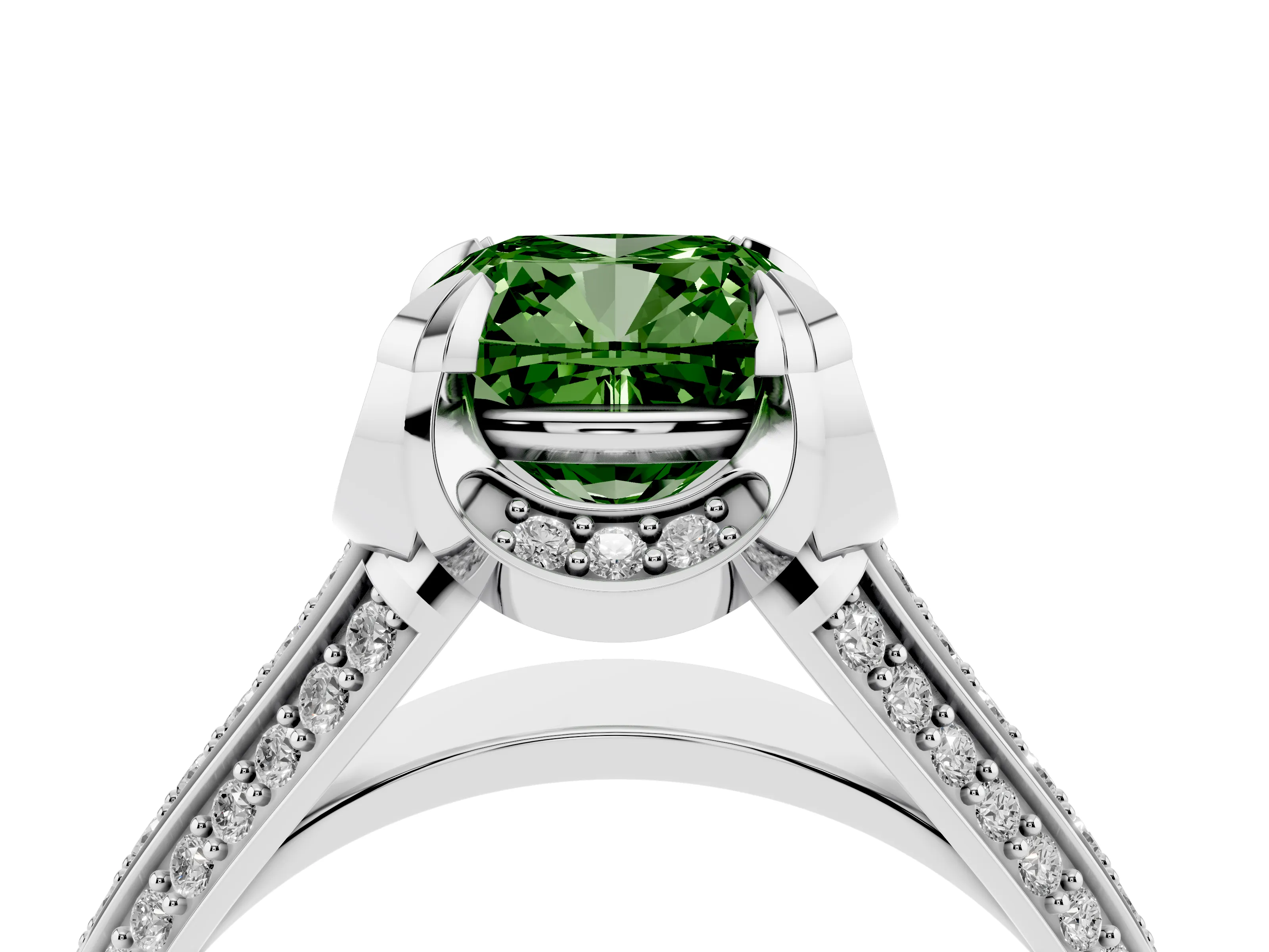 Fancy Green Cushion Cut Diamond Pavé Split Shank Solitaire Ring Set in Platinum with Prong Setting