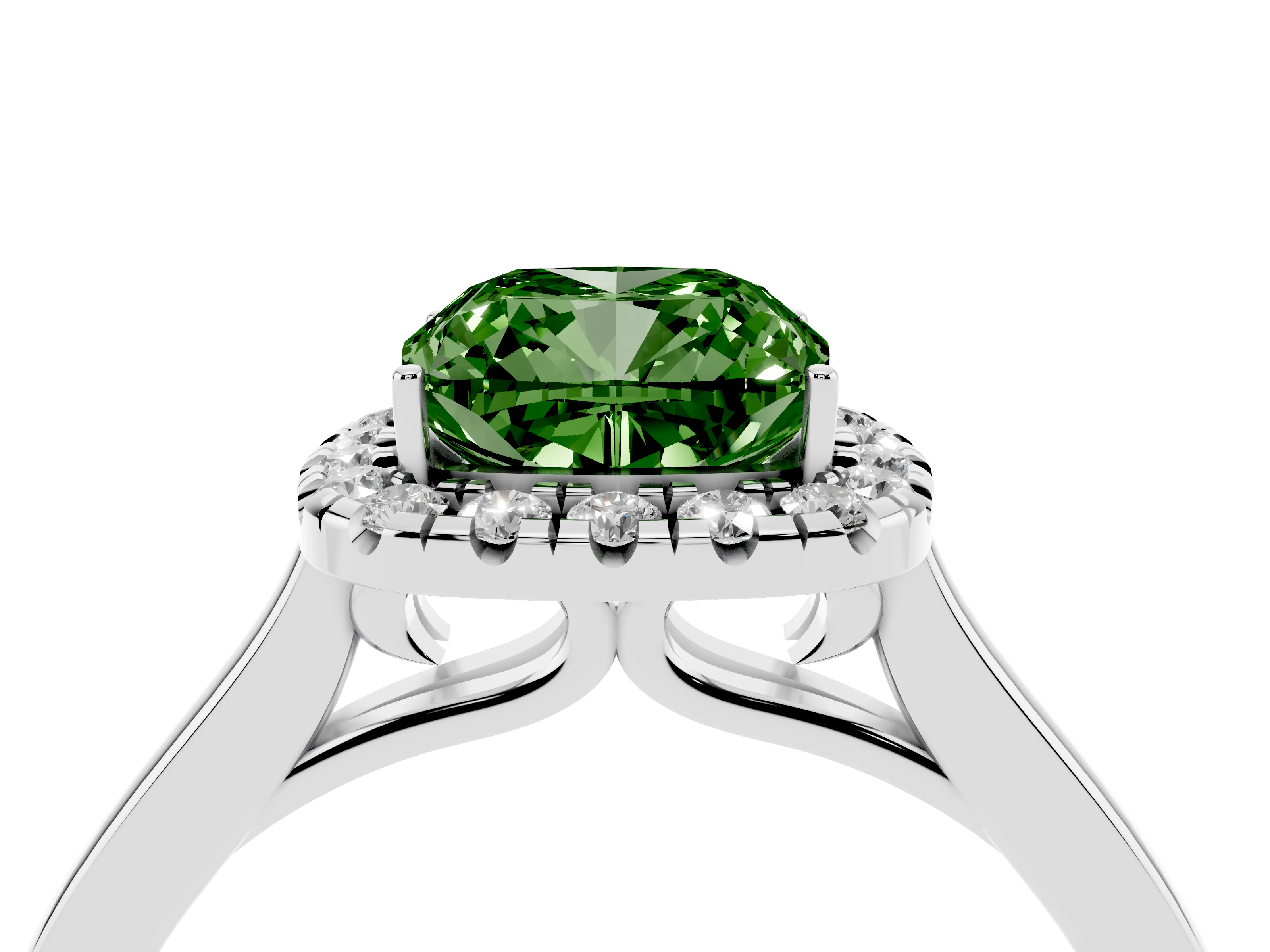 Fancy Green Cushion Cut Halo Round Diamond Solitaire Ring Set in White gold with Pavé Band and Prong Setting