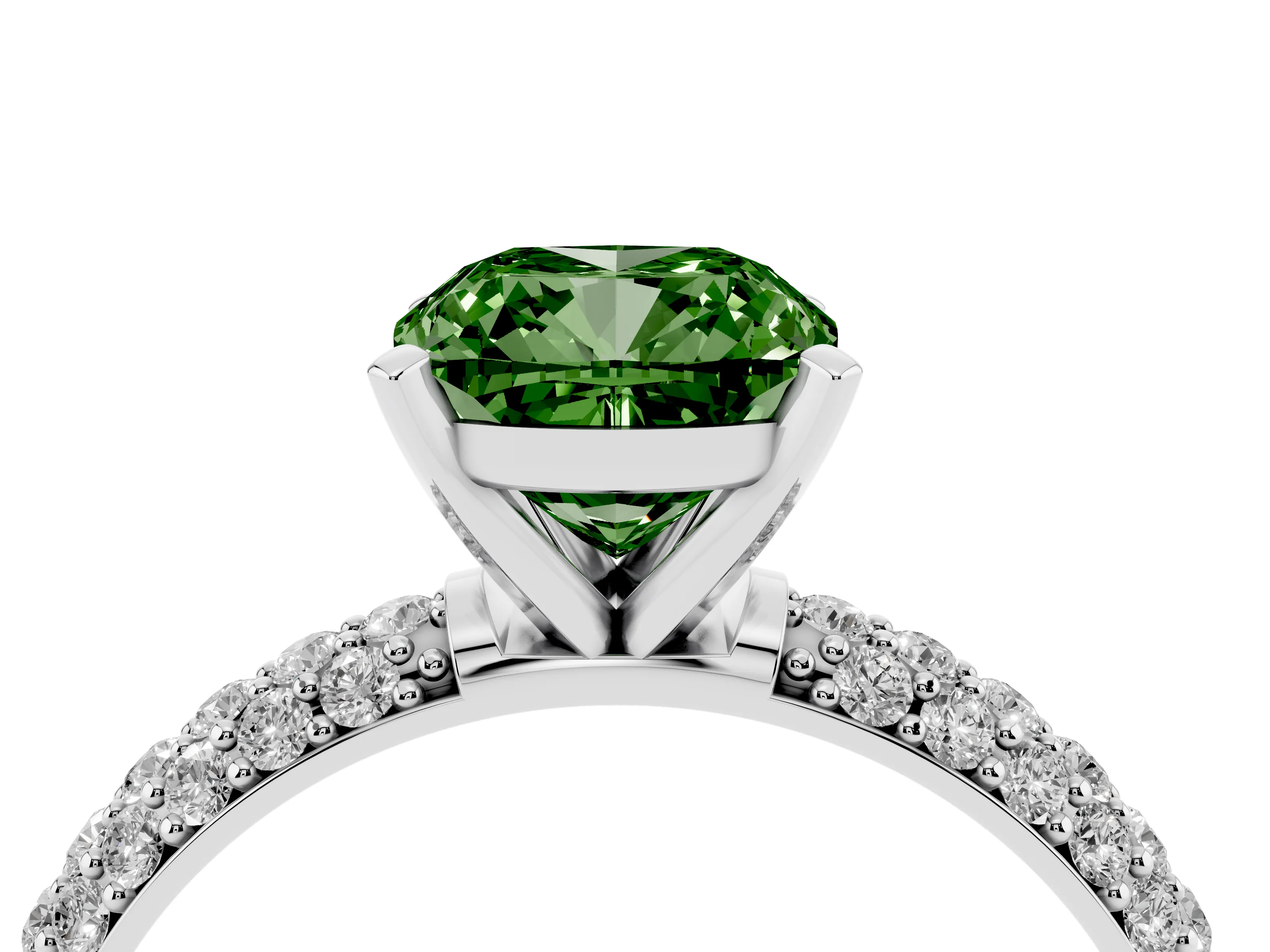 Fancy Green Cushion Cut Diamond Solitaire Ring Set in Silver with Prong Setting and Pavé-Set Band