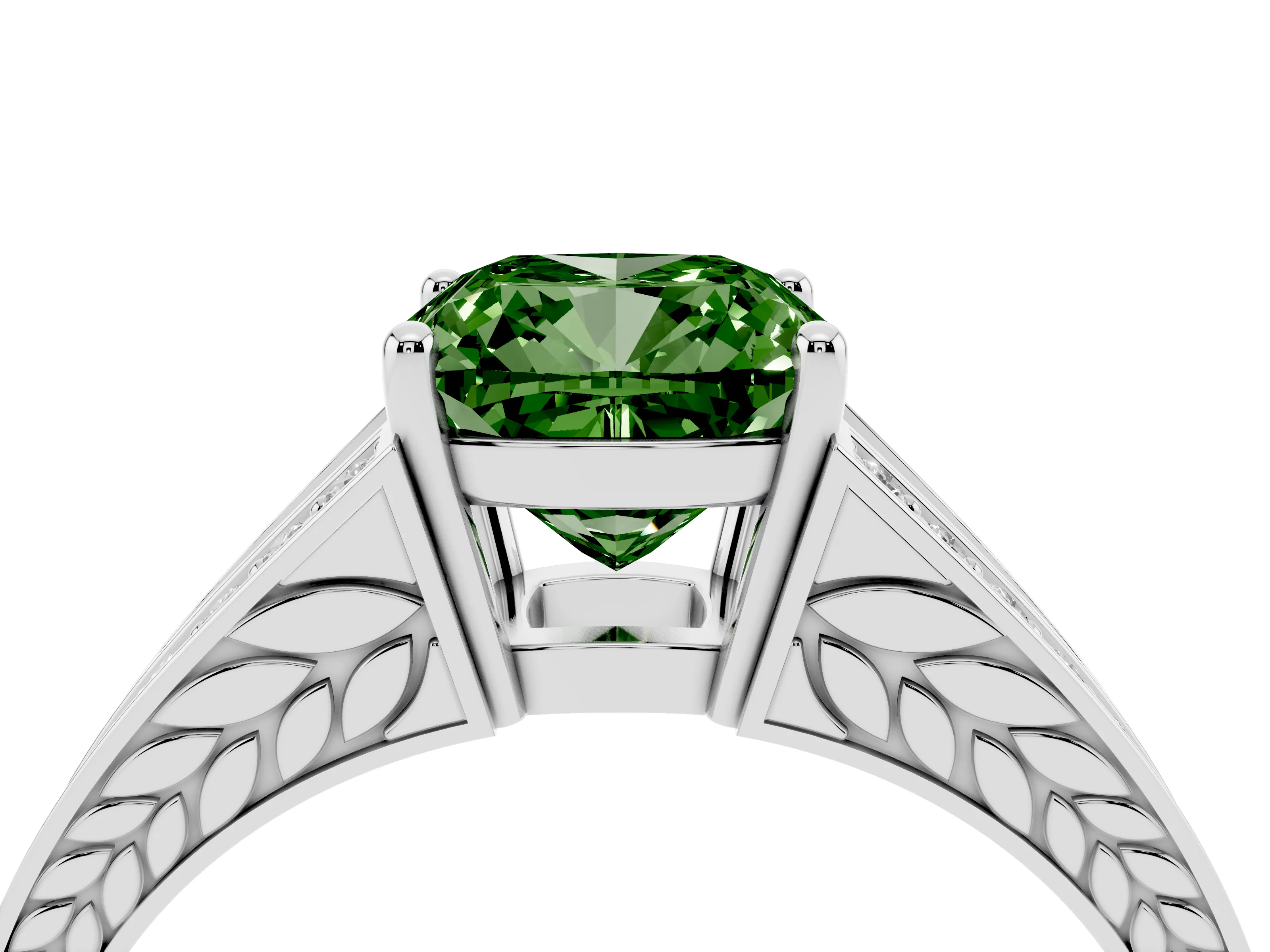 Fancy Green Cushion Cut Diamond Split Shank Ring Set in Platinum with Pavé Band and Prong Setting
