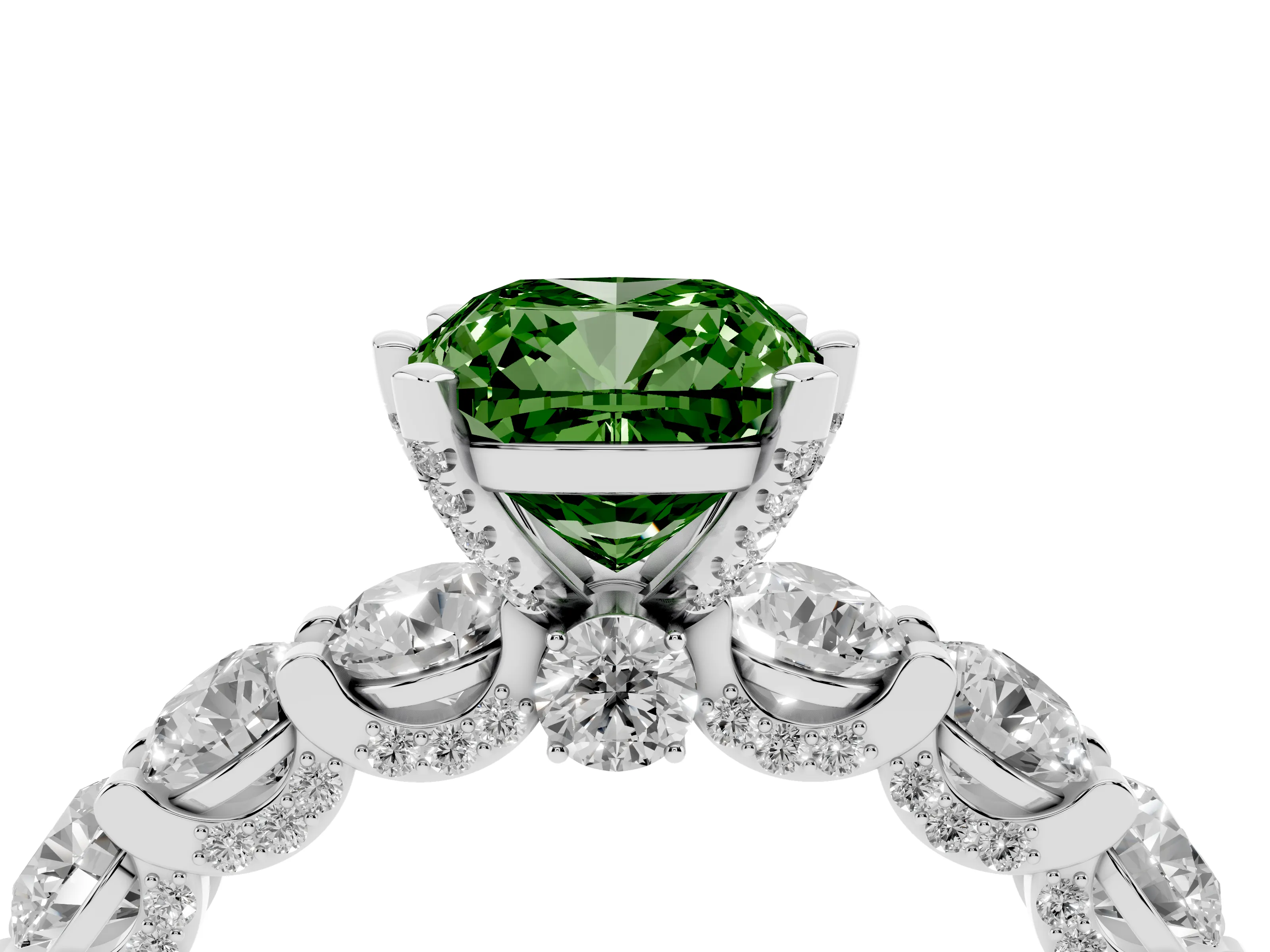 Fancy Green Cushion Cut Diamond Side Stone Ring Set in Silver with Alternating Round and Oval Side Stones