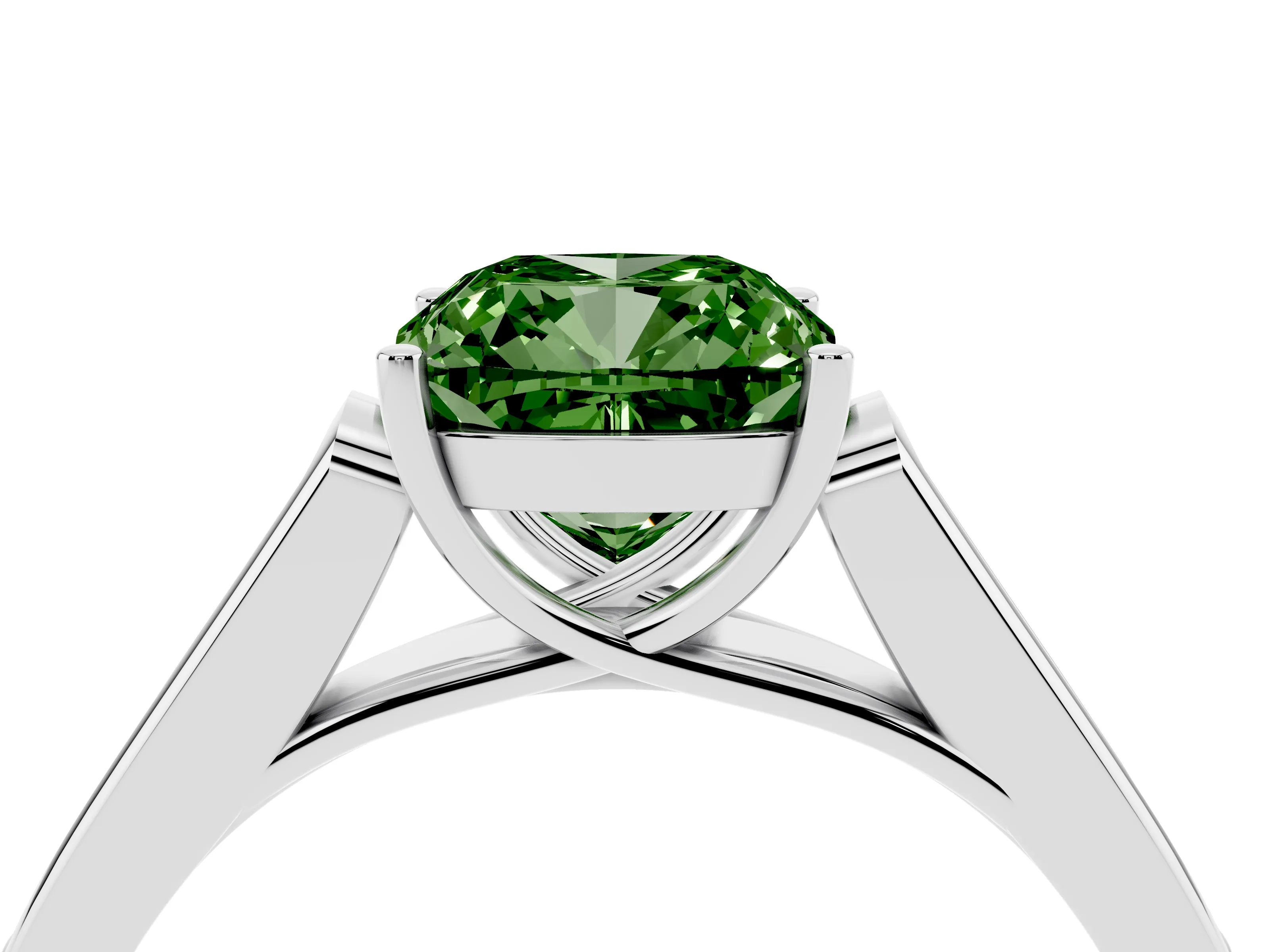 Fancy Green Cushion Cut Diamond Solitaire Cathedral Engagement Ring Set in Silver with Channel-Set Band and Prong Setting
