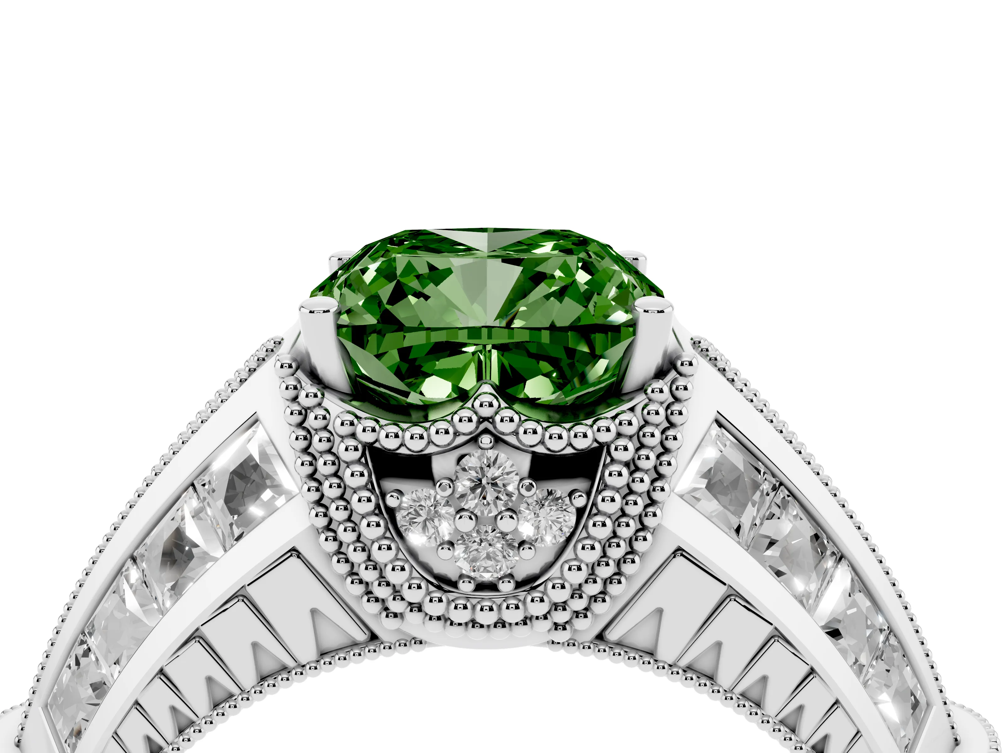 Fancy Green Cushion Cut Diamond Vintage-Inspired Milgrain Ring Set in Silver with Accent Split Shank
