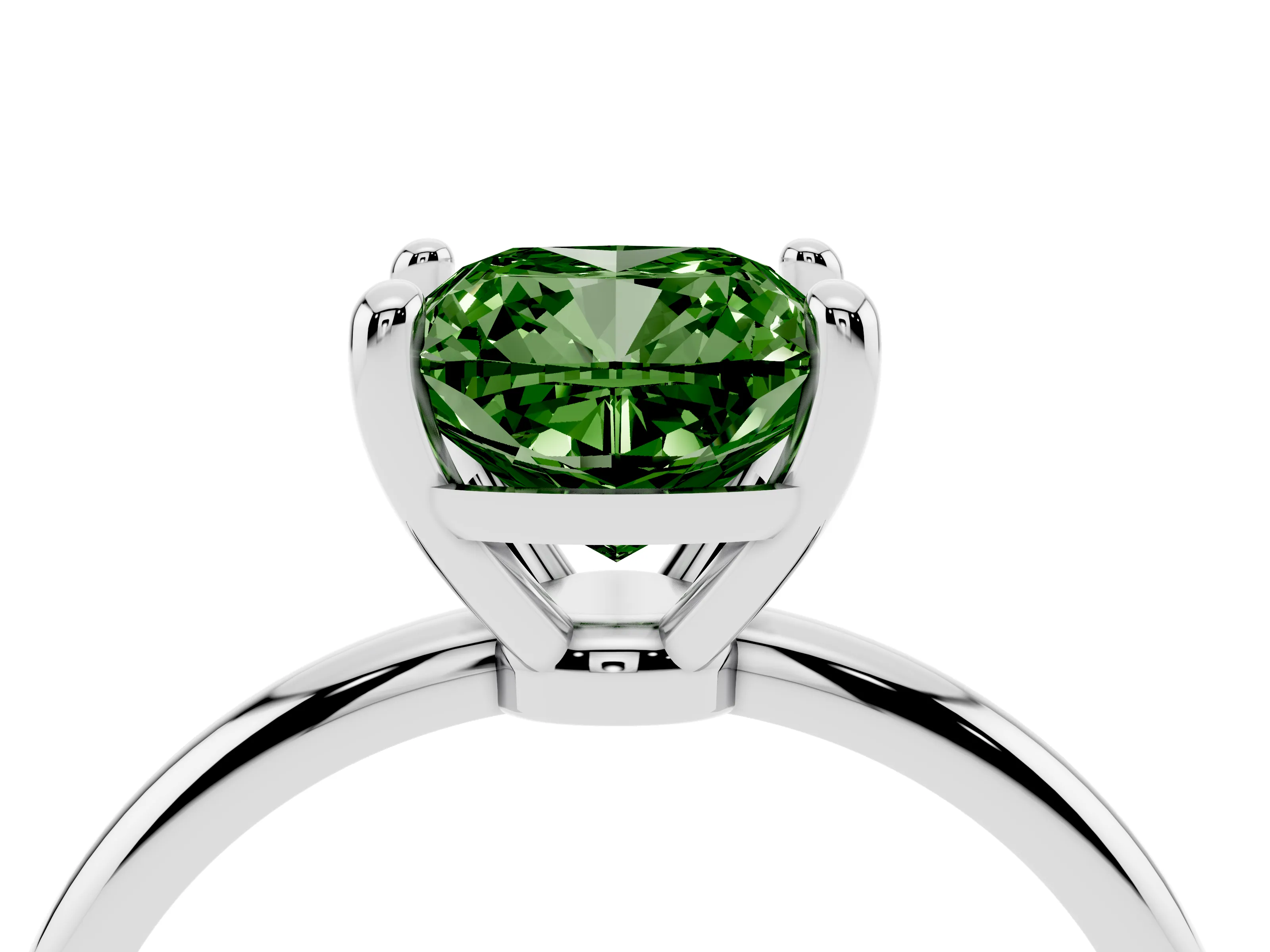 Fancy Green Cushion Cut Diamond Solitaire Ring Set in Platinum with Secure Prong Setting on a Classic Band
