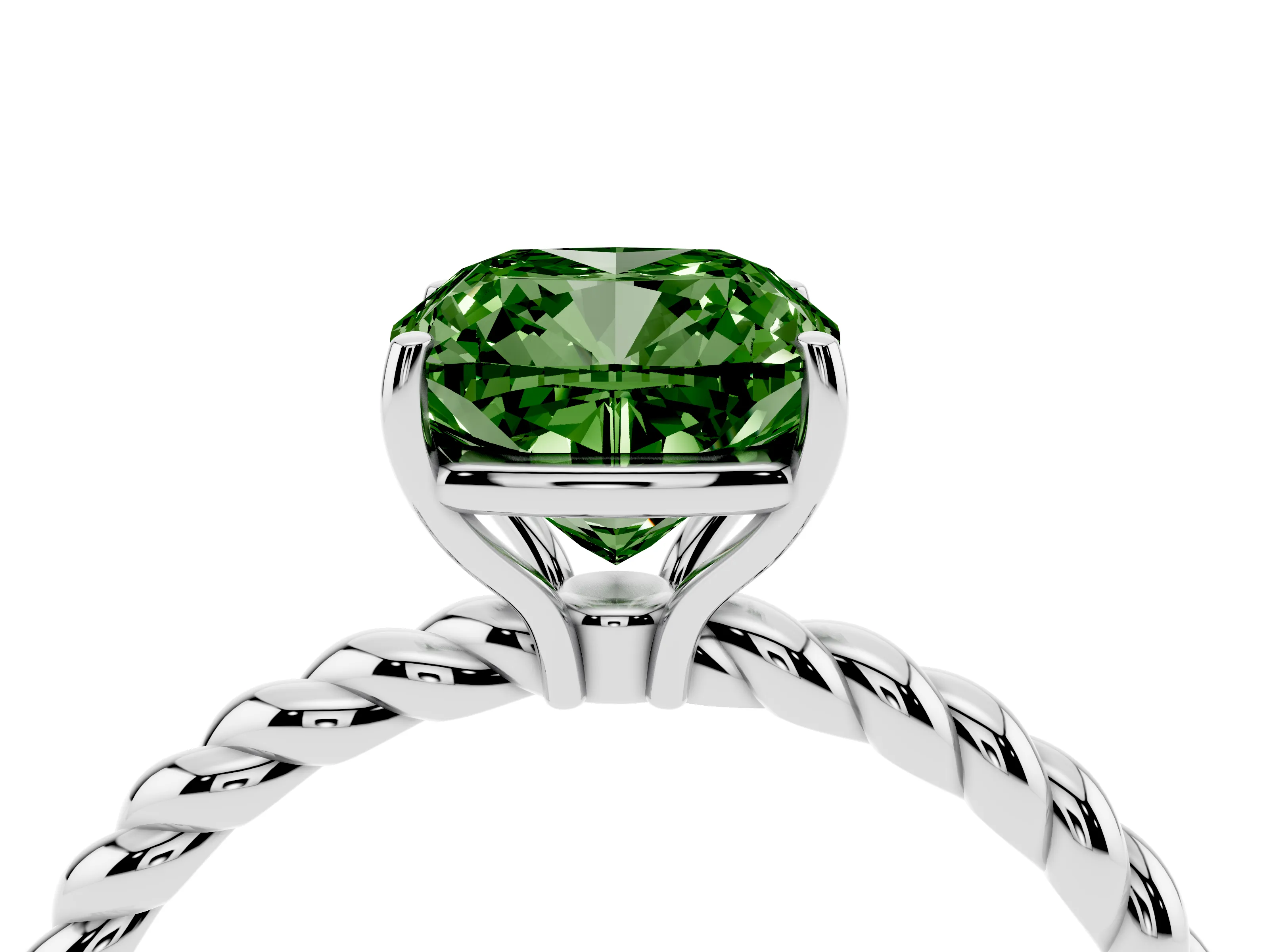 Fancy Green Cushion Cut Diamond Solitaire Ring Set in White gold with Twist Band and Prong Setting