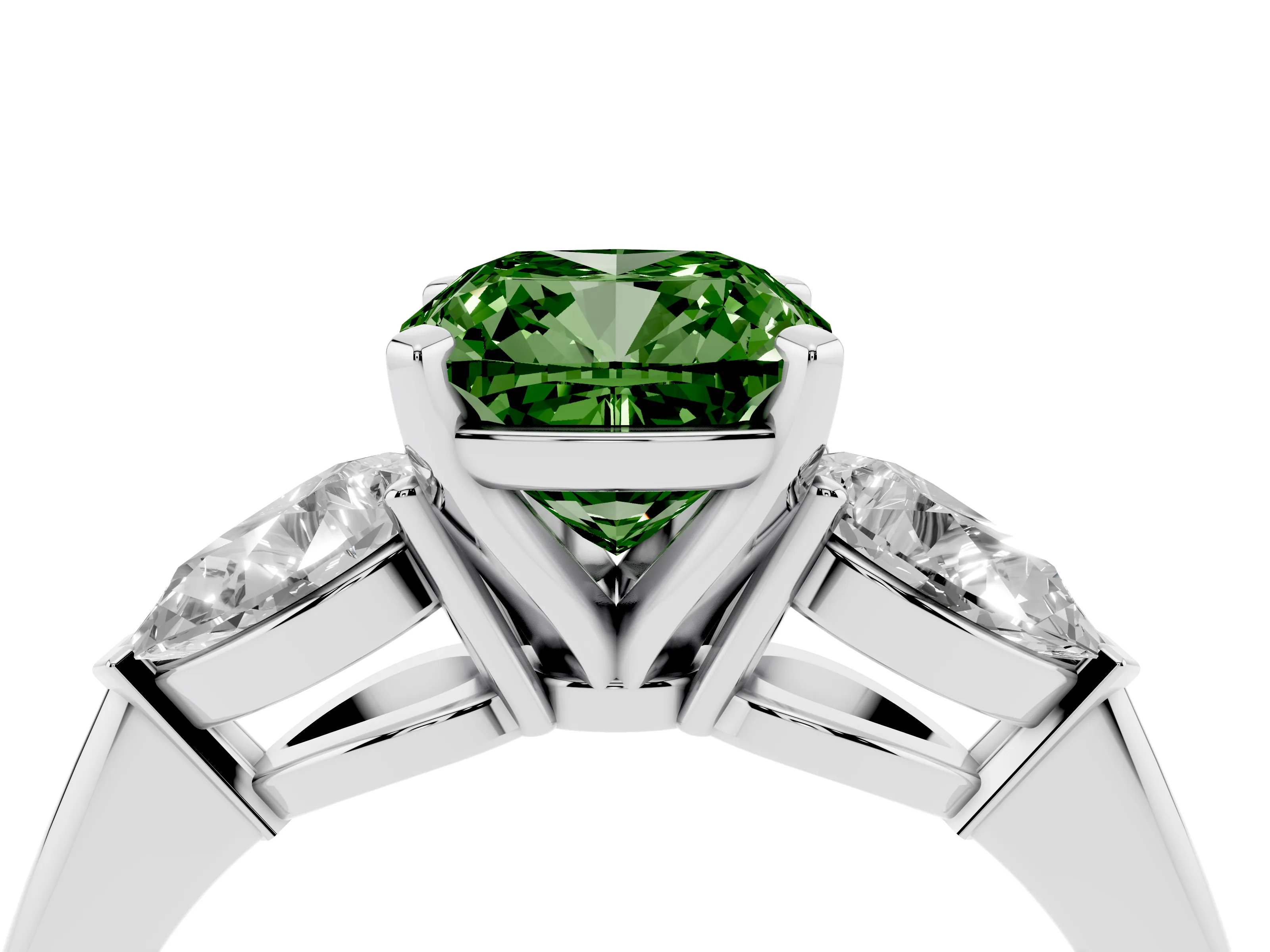 Fancy Green Three-Stone Cushion Cut Diamond Ring Set in Platinum with Pear Side Stones and Prong Setting