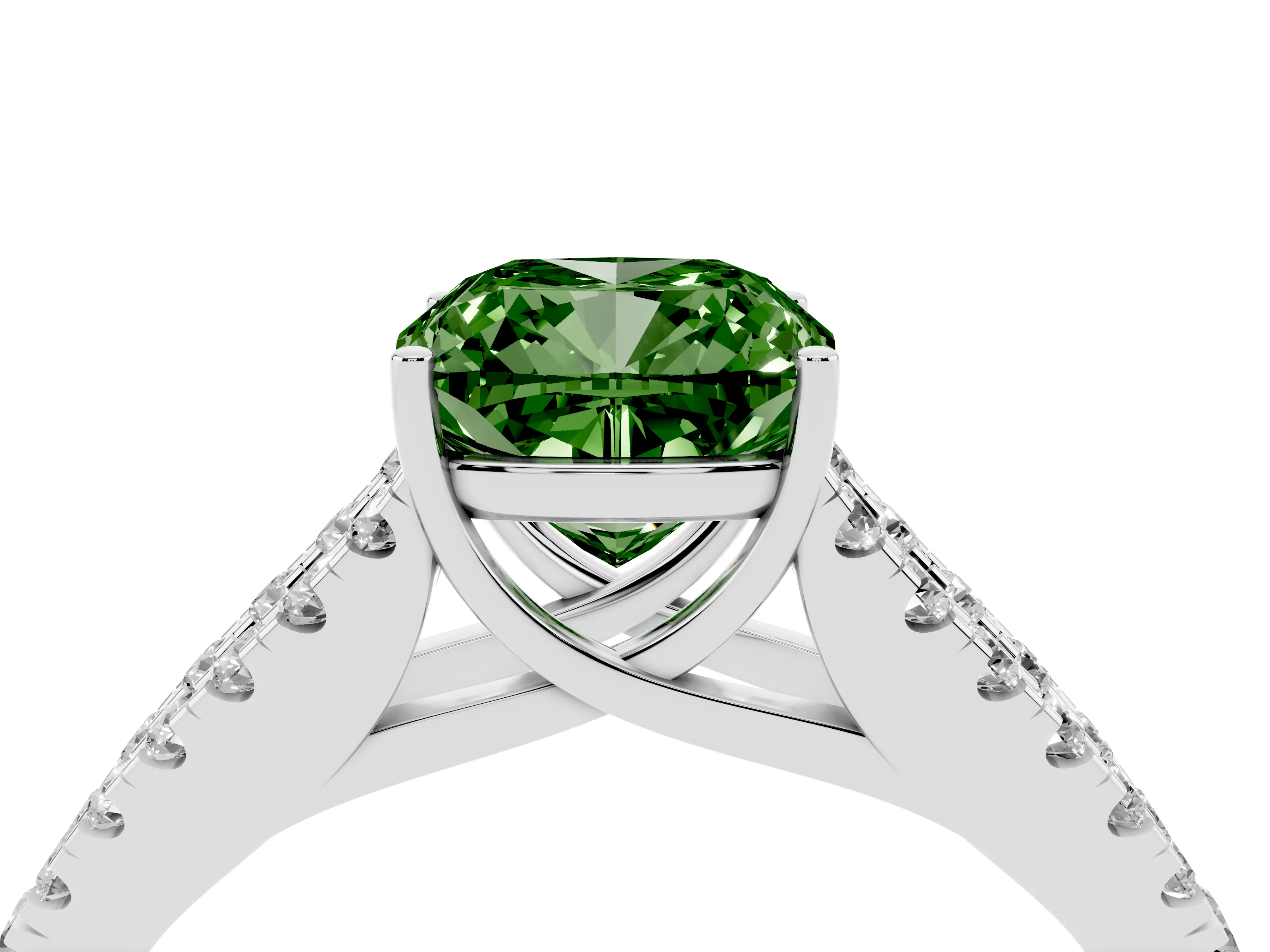 Fancy Green Cushion Cut Diamond Split Shank Pavé Engagement Ring Set in Silver with Prong-Held Center Stone