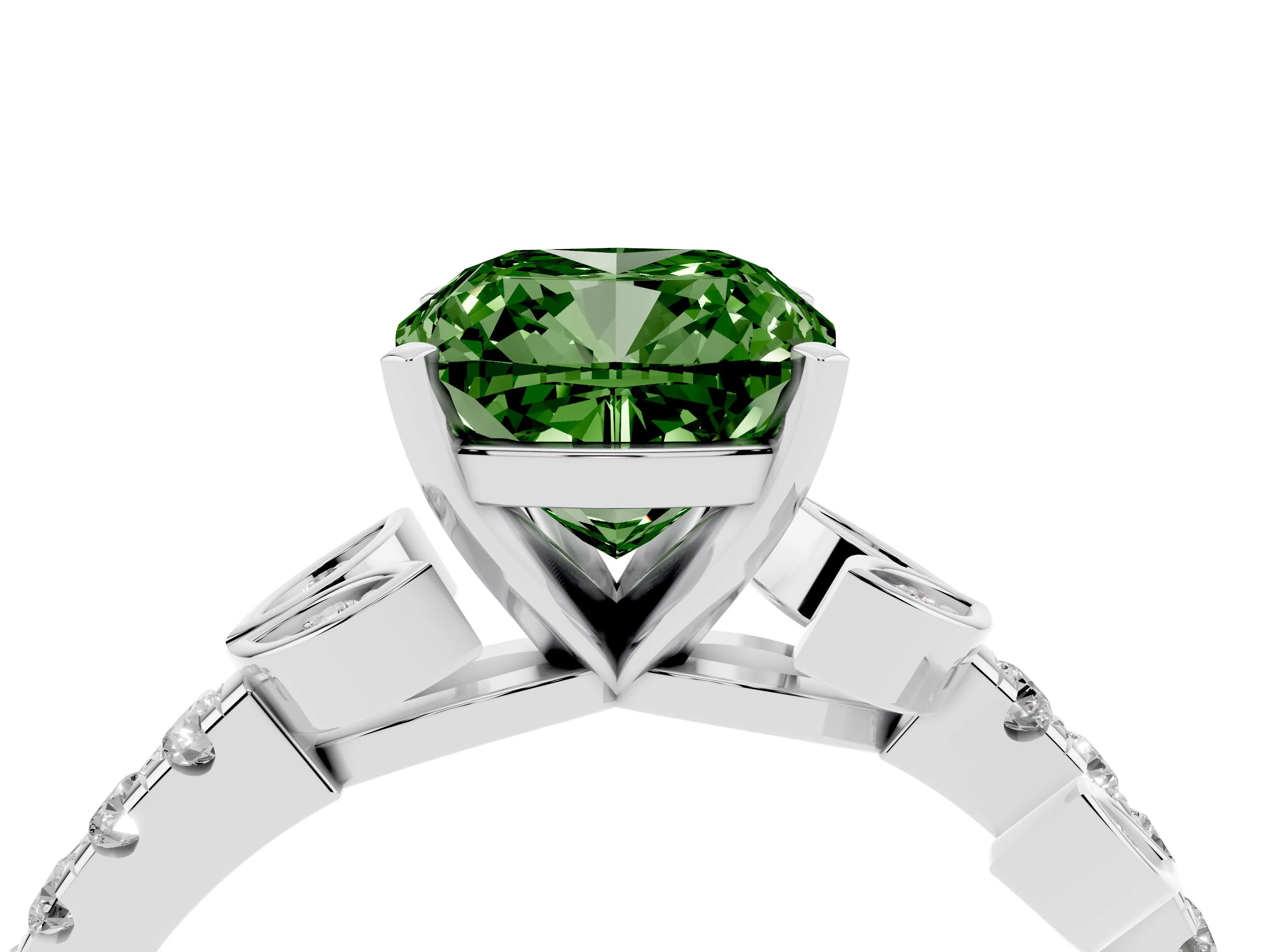 Fancy Green Cushion Cut Diamond Solitaire Leaf-Inspired Ring Set in Platinum with Pavé Band and Prong Setting