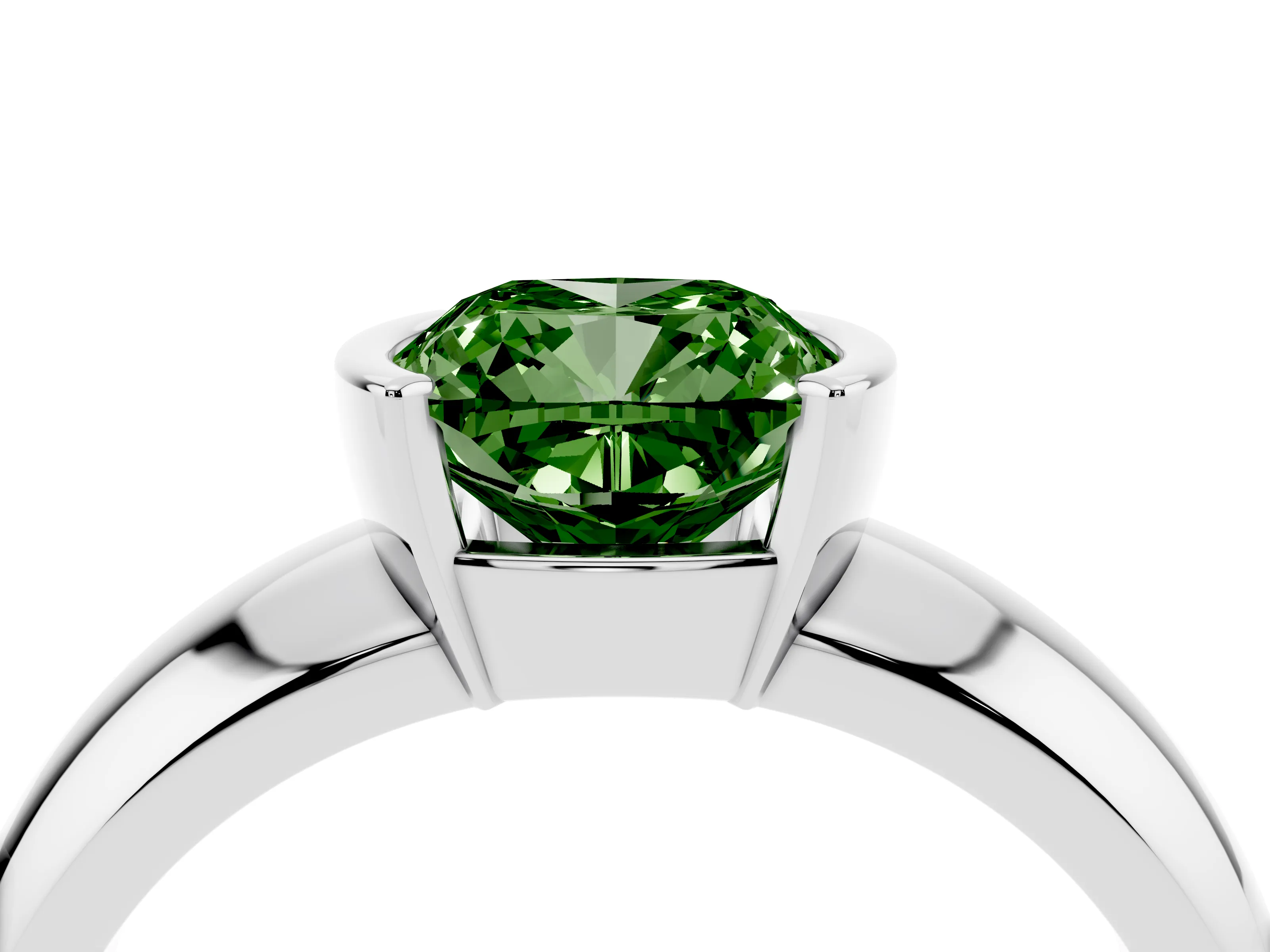 Fancy Green Cushion Cut Diamond Solitaire Tension Set Ring Set in White gold with Wide Band
