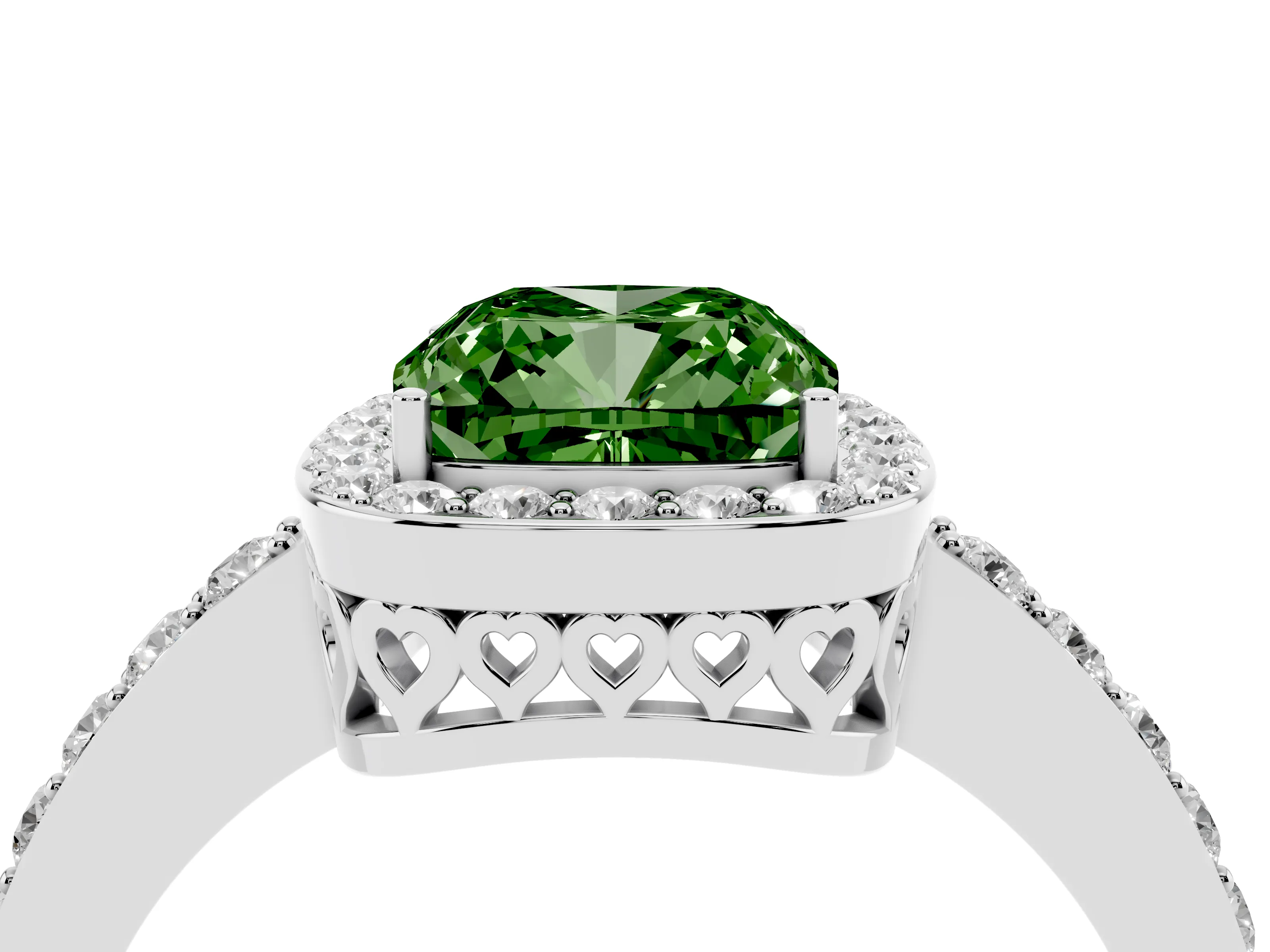 Fancy Green Cushion Cut Diamond Halo Ring Set in Silver with Pavé-Setting Band and Open Prong Center