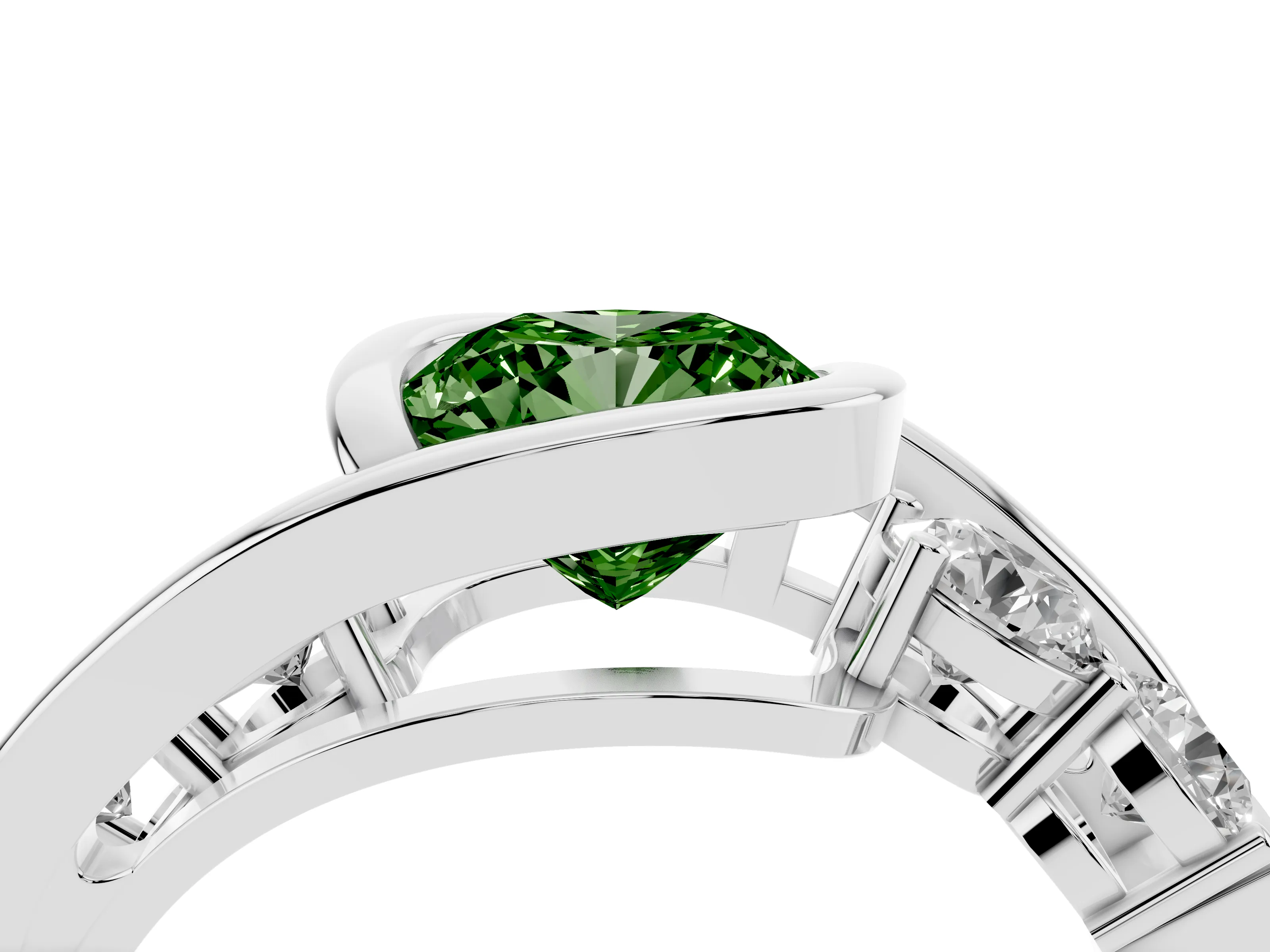 Fancy Green Cushion Cut Diamond Bezel Bypass Ring Set in Silver with Round Accents
