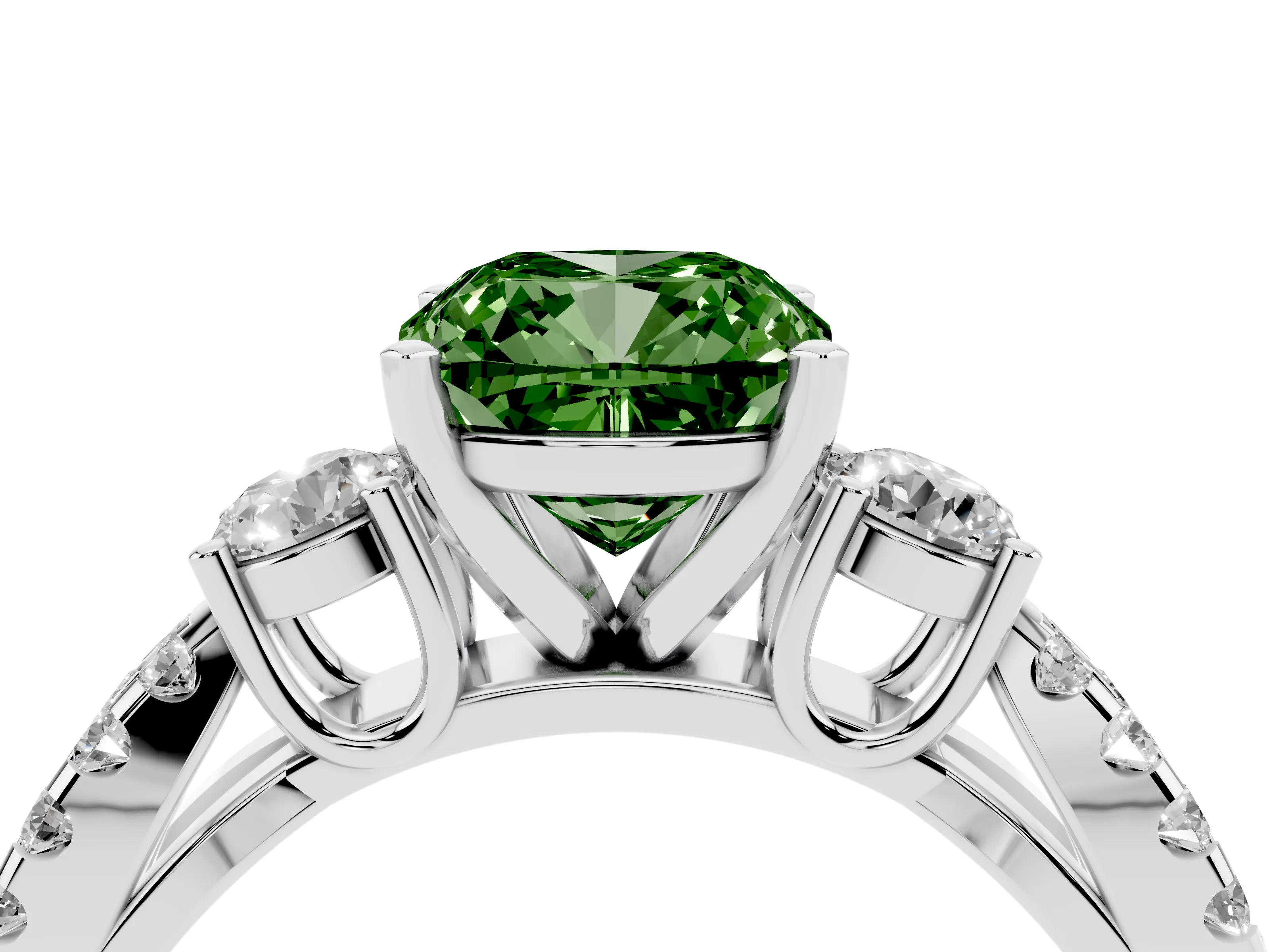 Fancy Green Cushion Cut Diamond Three-Stone Ring Set in Platinum with Pavé Split Shank and Prong Setting
