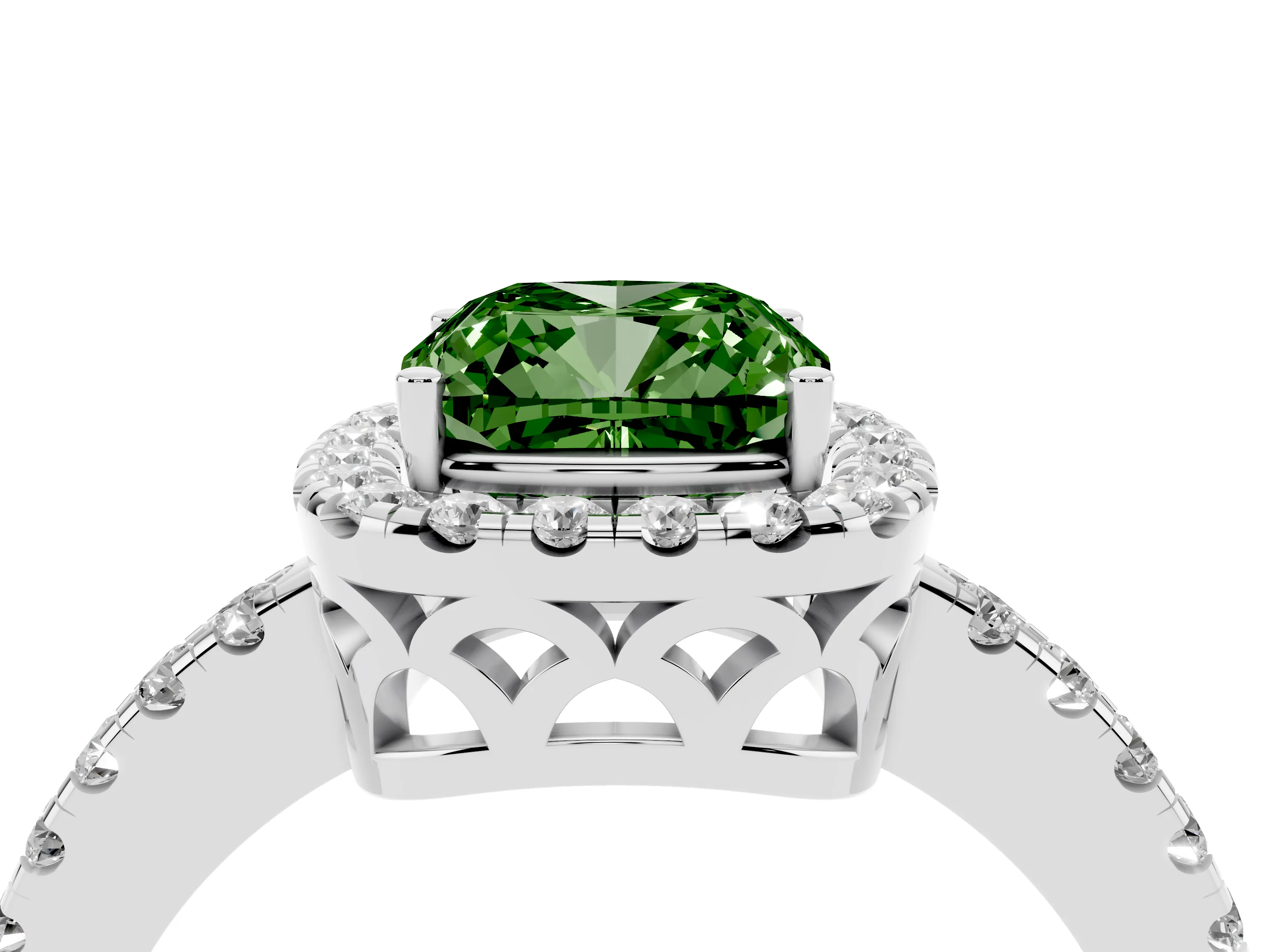 Fancy Green Cushion Cut Diamond Pavé Band Halo Engagement Ring Set in Platinum with Prong Setting