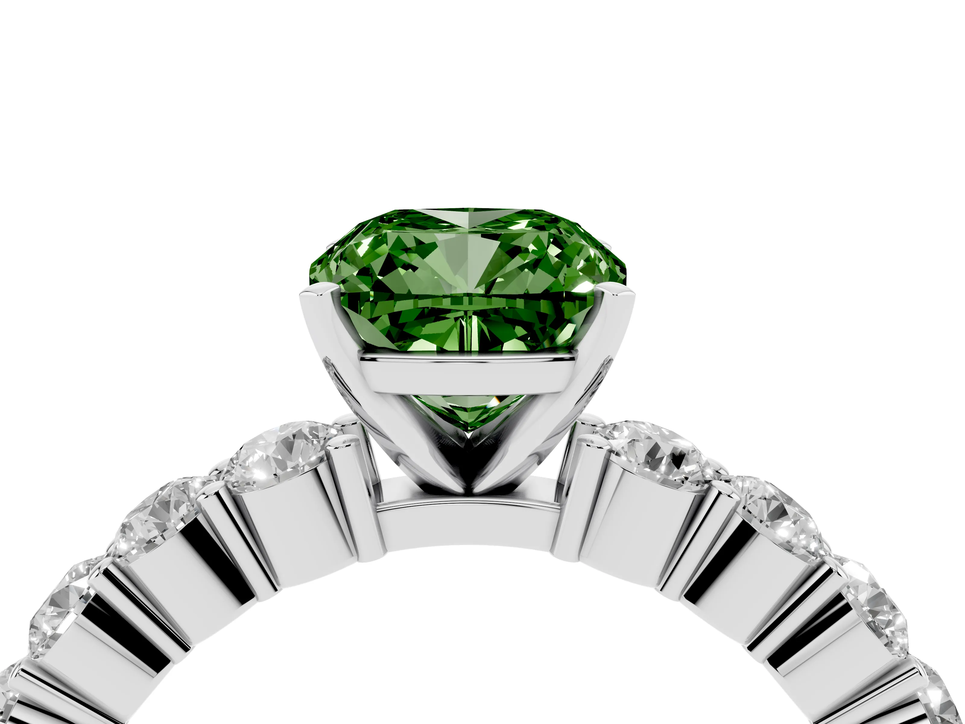 Fancy Green Cushion Cut Diamond Solitaire Ring Set in Silver with Shared Prong Round Side Stones