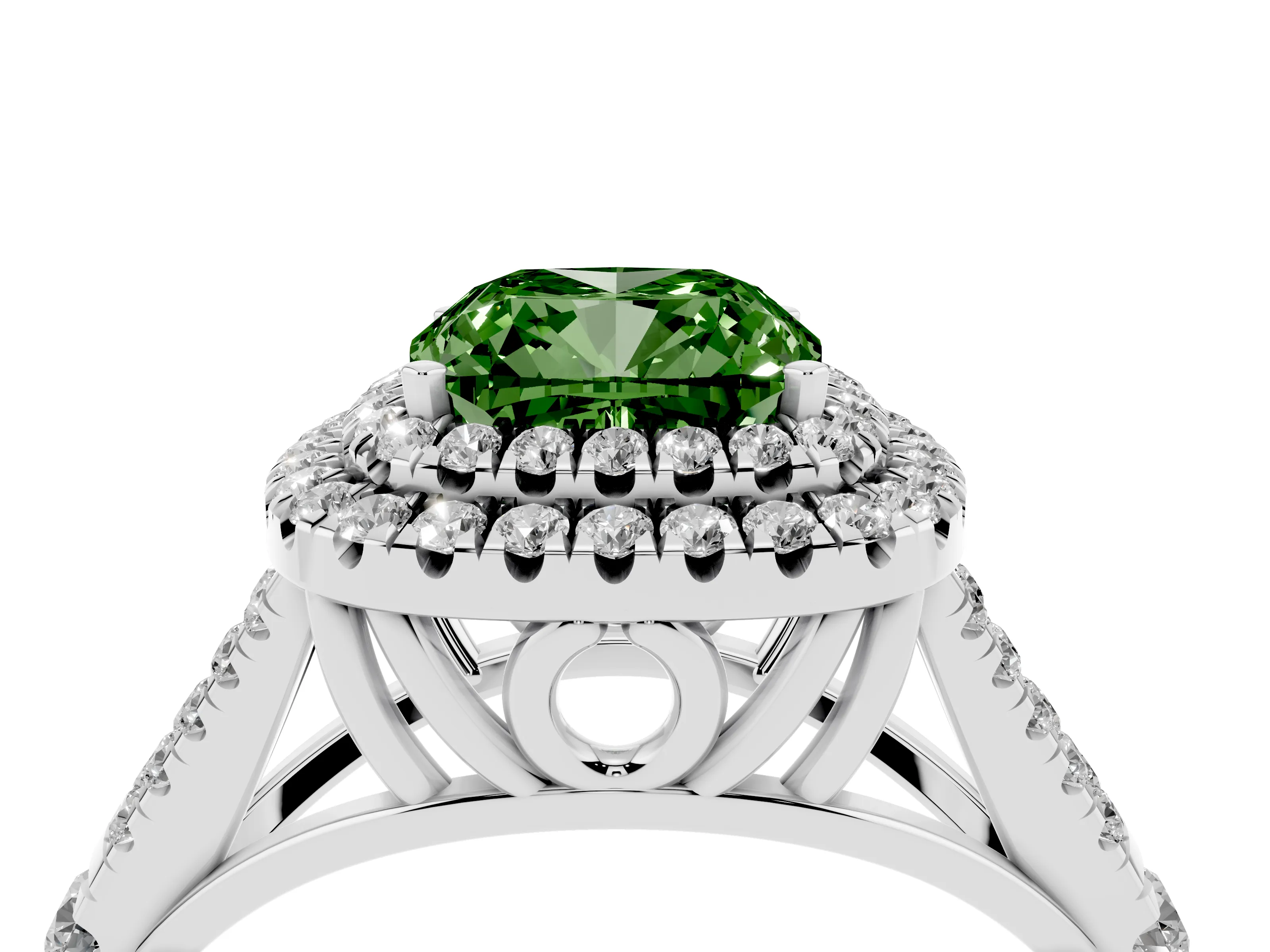 Fancy Green Cushion Cut Diamond Pavé Split Shank Double Halo Engagement Ring Set in Silver