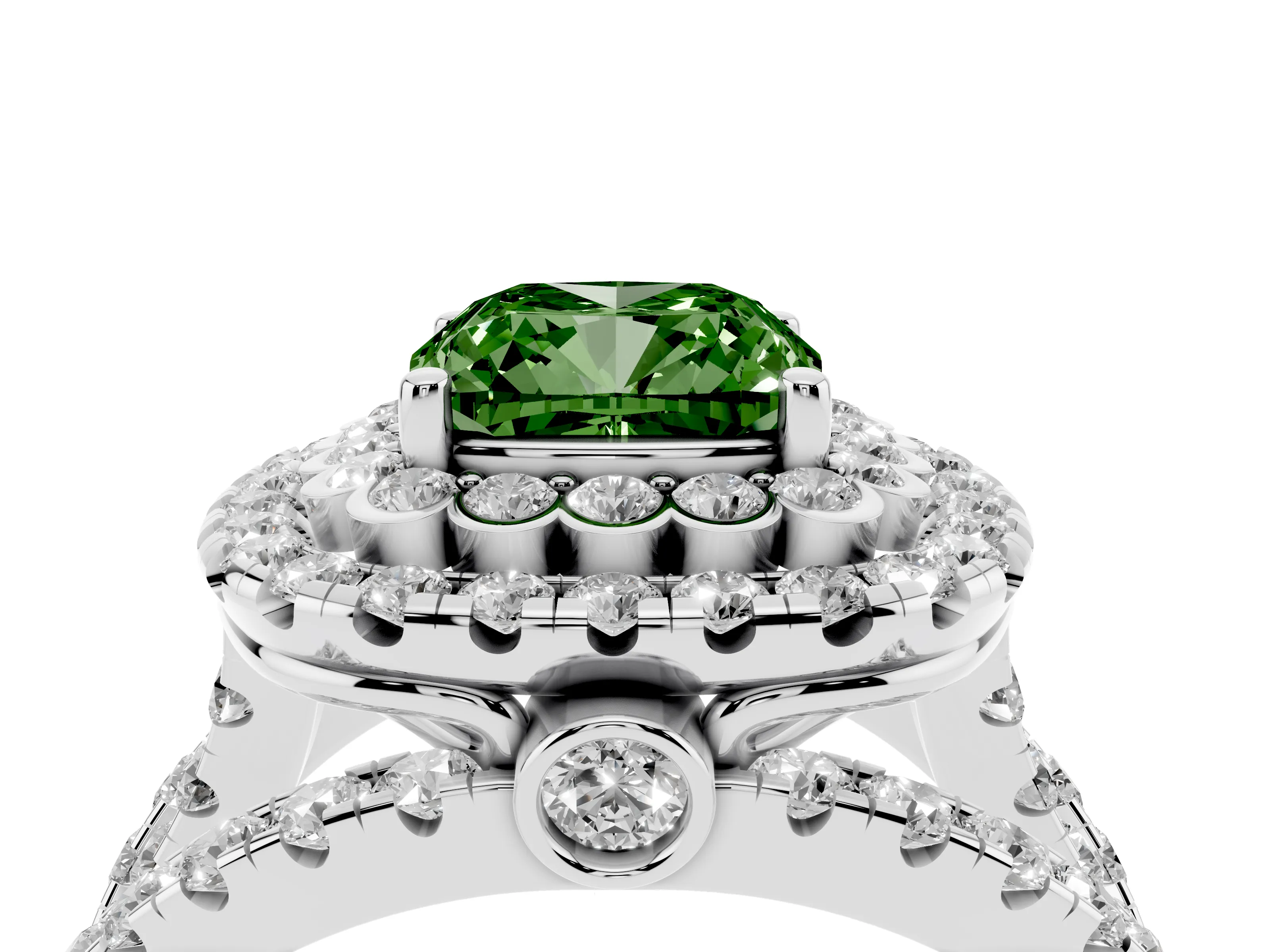 Fancy Green Cushion Cut Diamond Double Halo Ring Set in Platinum with Round Pavé Split Shank