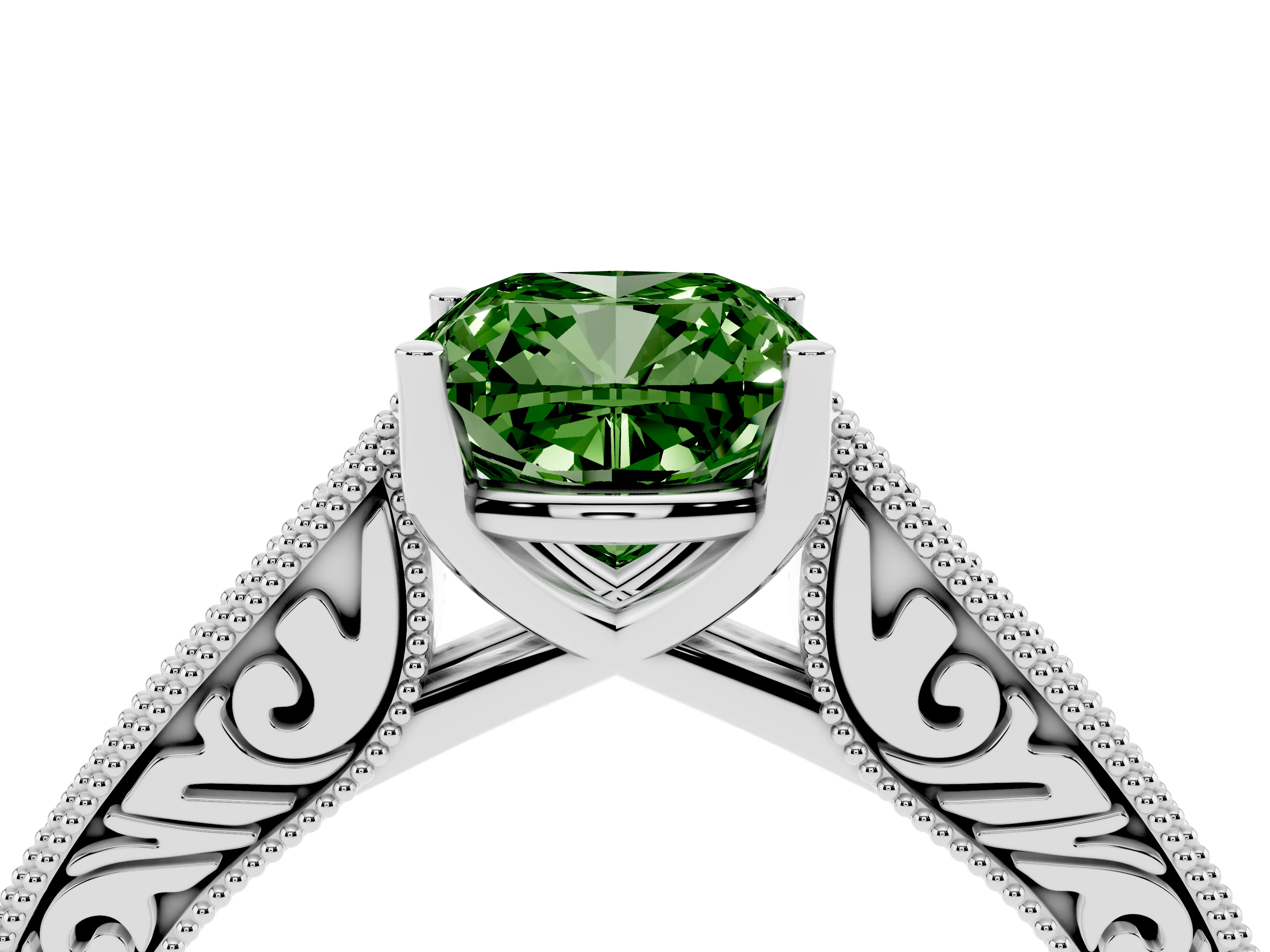 Fancy Green Cushion Cut Diamond Milgrain Pavé Band Solitaire Ring Set in White gold with Prong Setting