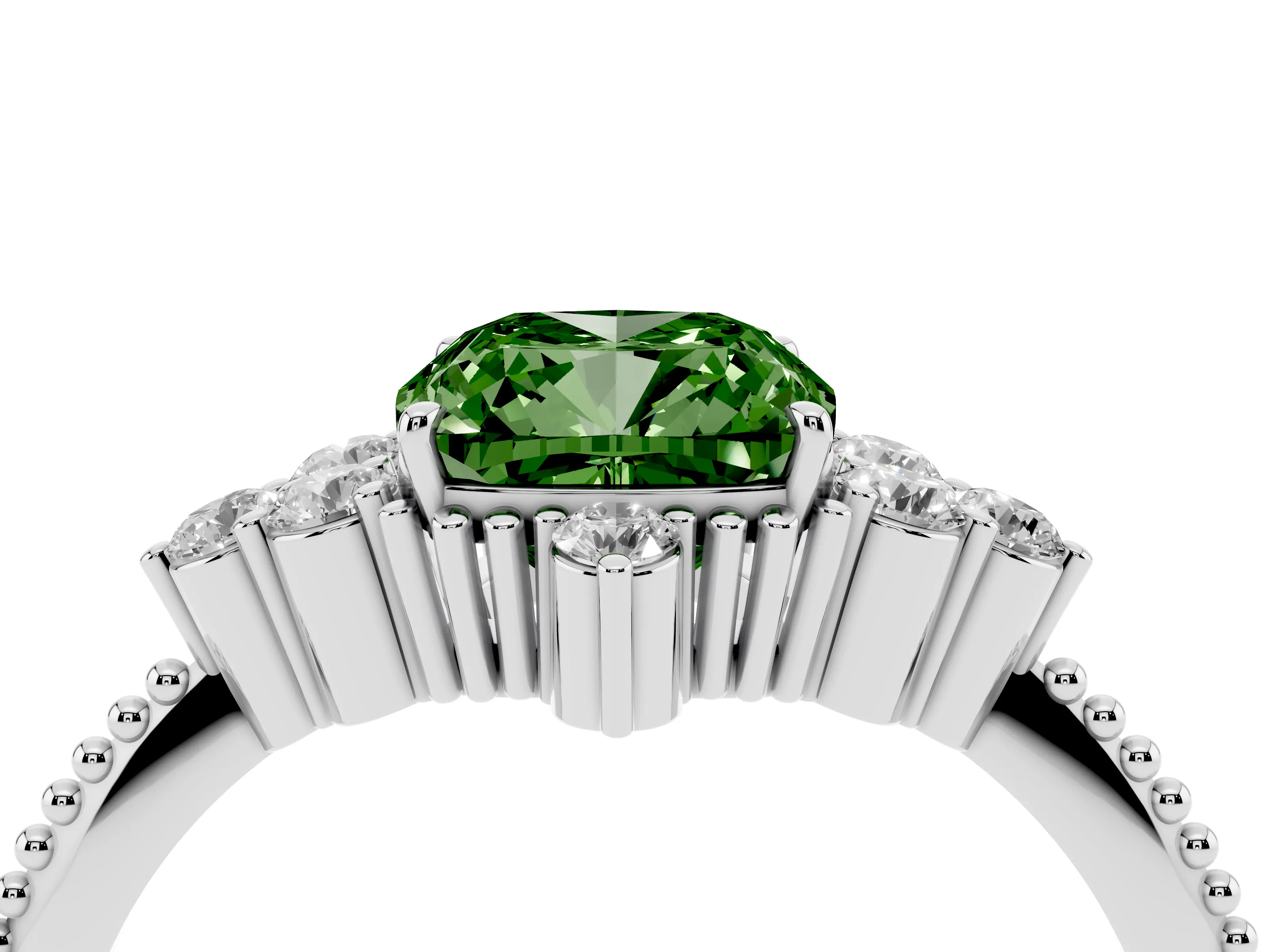 Fancy Green Cushion Cut Diamond Cluster Ring Set in Silver with Beaded Band