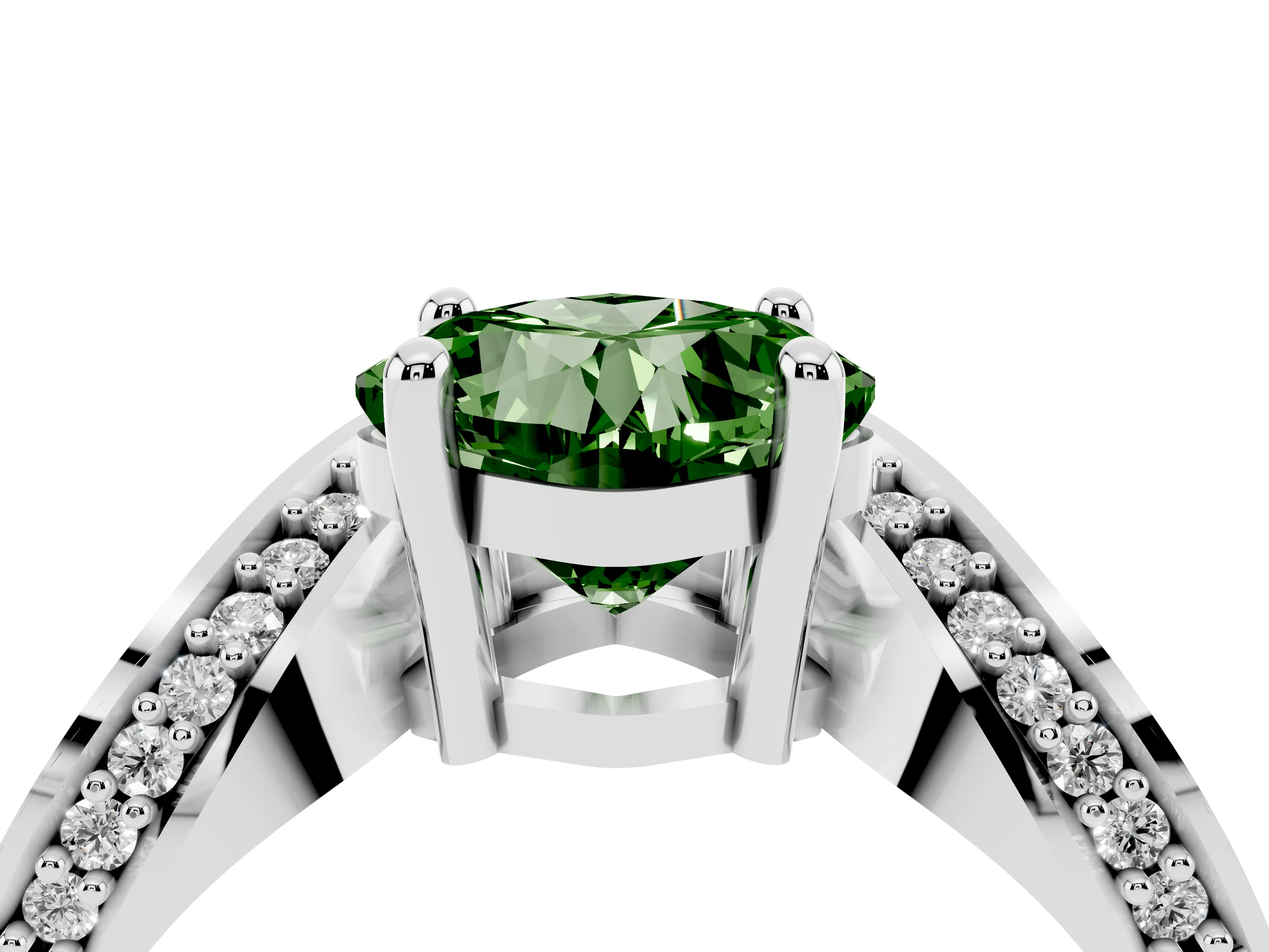 Fancy Green Cushion Cut Diamond Solitaire Engagement Ring Set in White gold with Pavé Shoulders